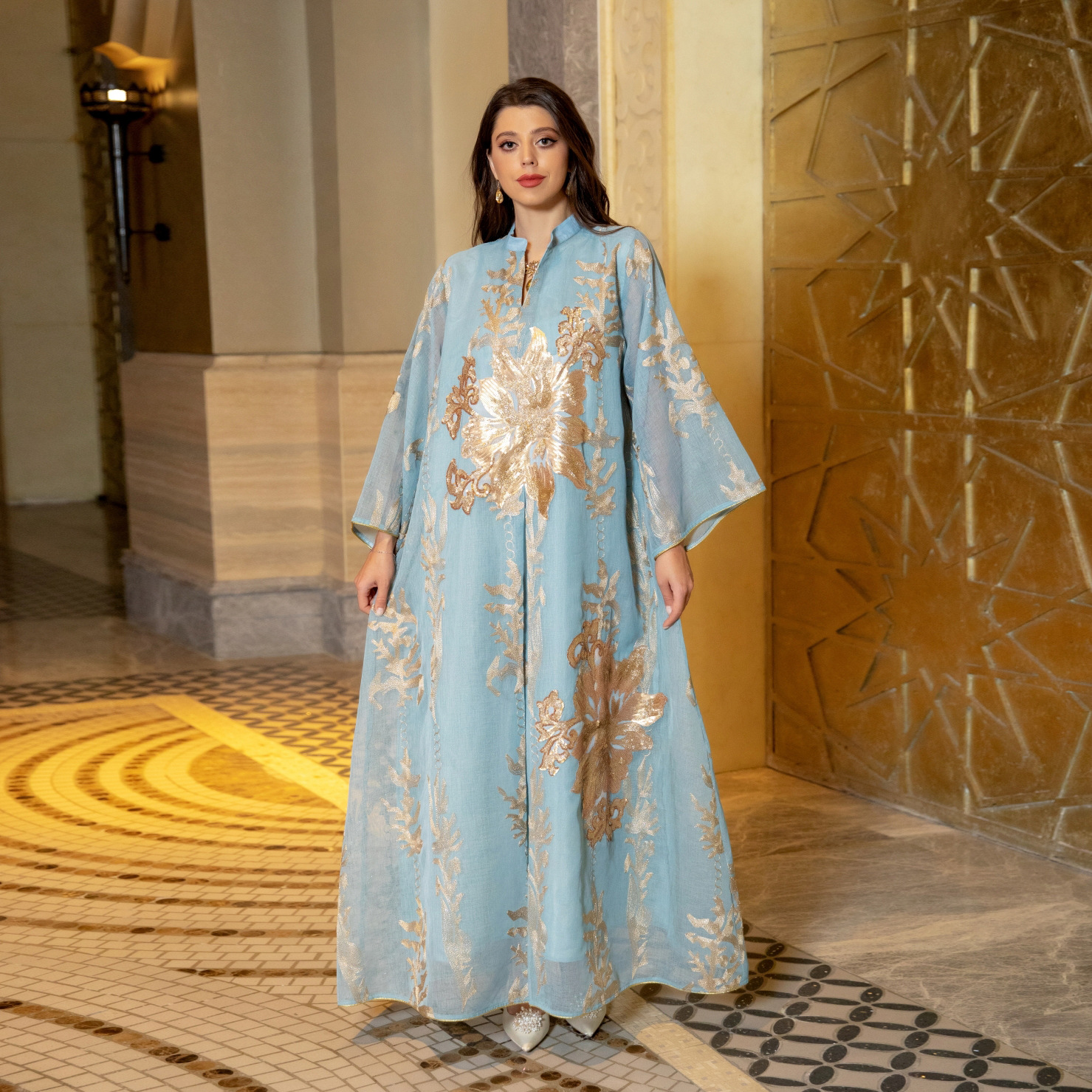 Elegant Sequin Mesh Kaftan Maxi Dress - Batwing Sleeve Summer Evening Gown