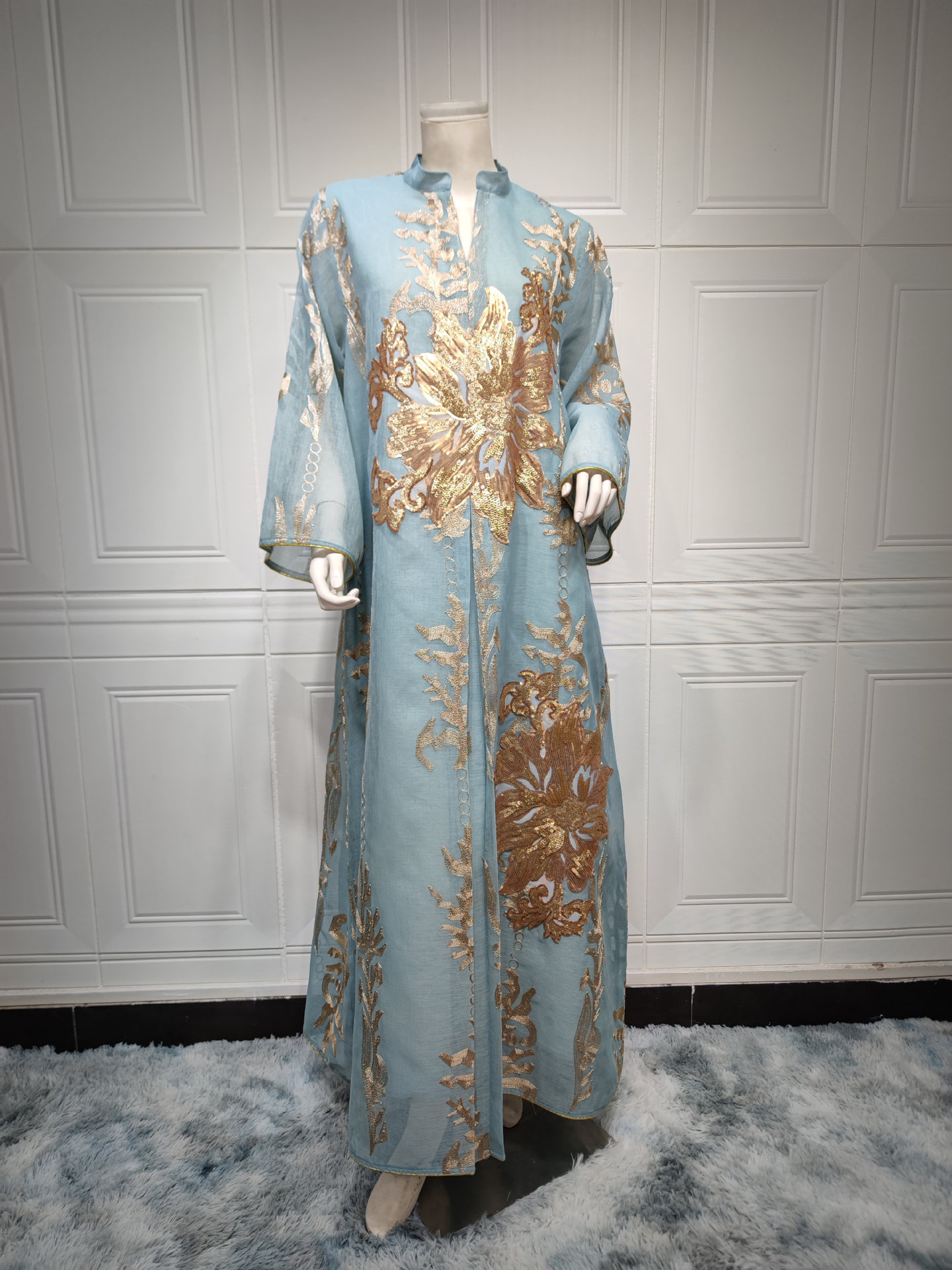 Elegant Sequin Mesh Kaftan Maxi Dress - Batwing Sleeve Summer Evening Gown