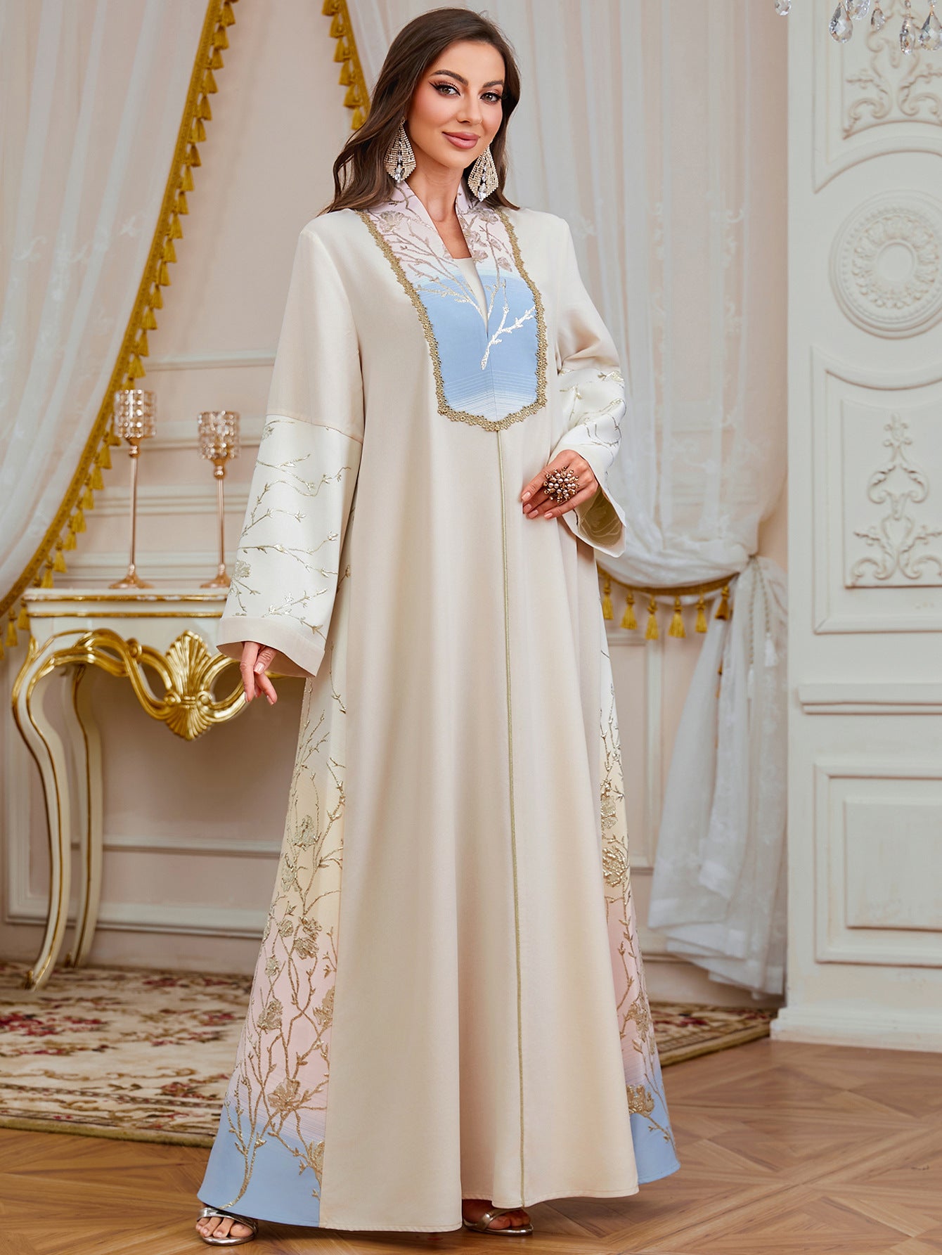 SURLEEN Elegant Floral Embroidered Kaftan Dress – Loose Fit Ethnic Maxi Gown with Batwing Sleeves Secondary image