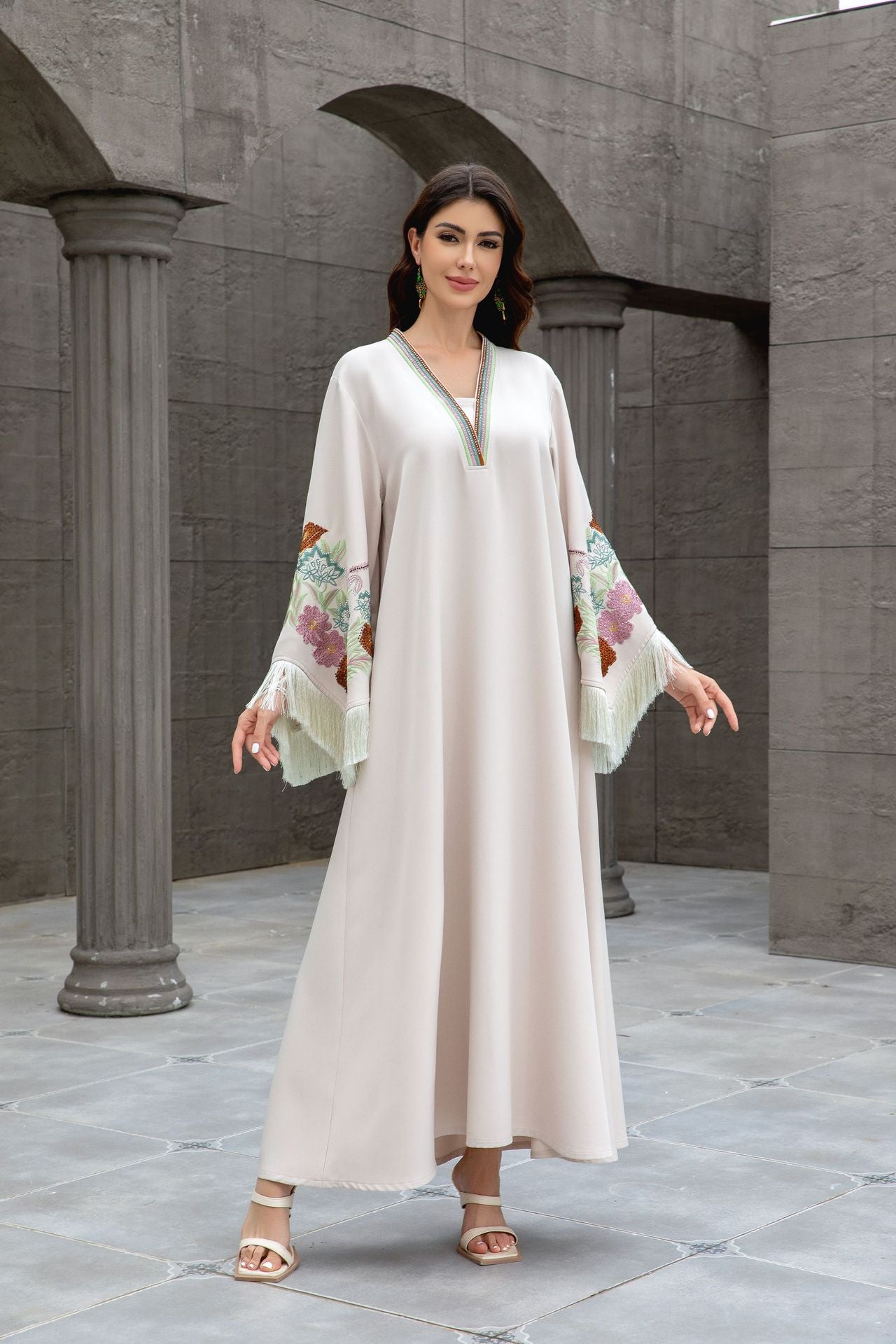 Elegant Embroidered V-Neck Kaftan Dress with Tassel Accent - Flare Sleeve Maxi Abaya Secondary image