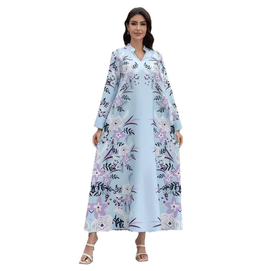 Elegant Floral Print Jalabiya Maxi Dress – Luxury Rhinestone Long Sleeve Kaftan Gown Secondary image