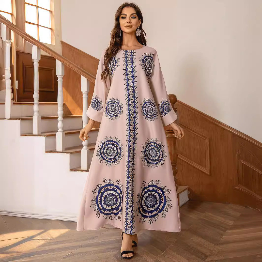 Elegant Bohemian Printed Maxi Kaftan Dress with Beaded Round Neck - Loungewear Abaya Secondary image