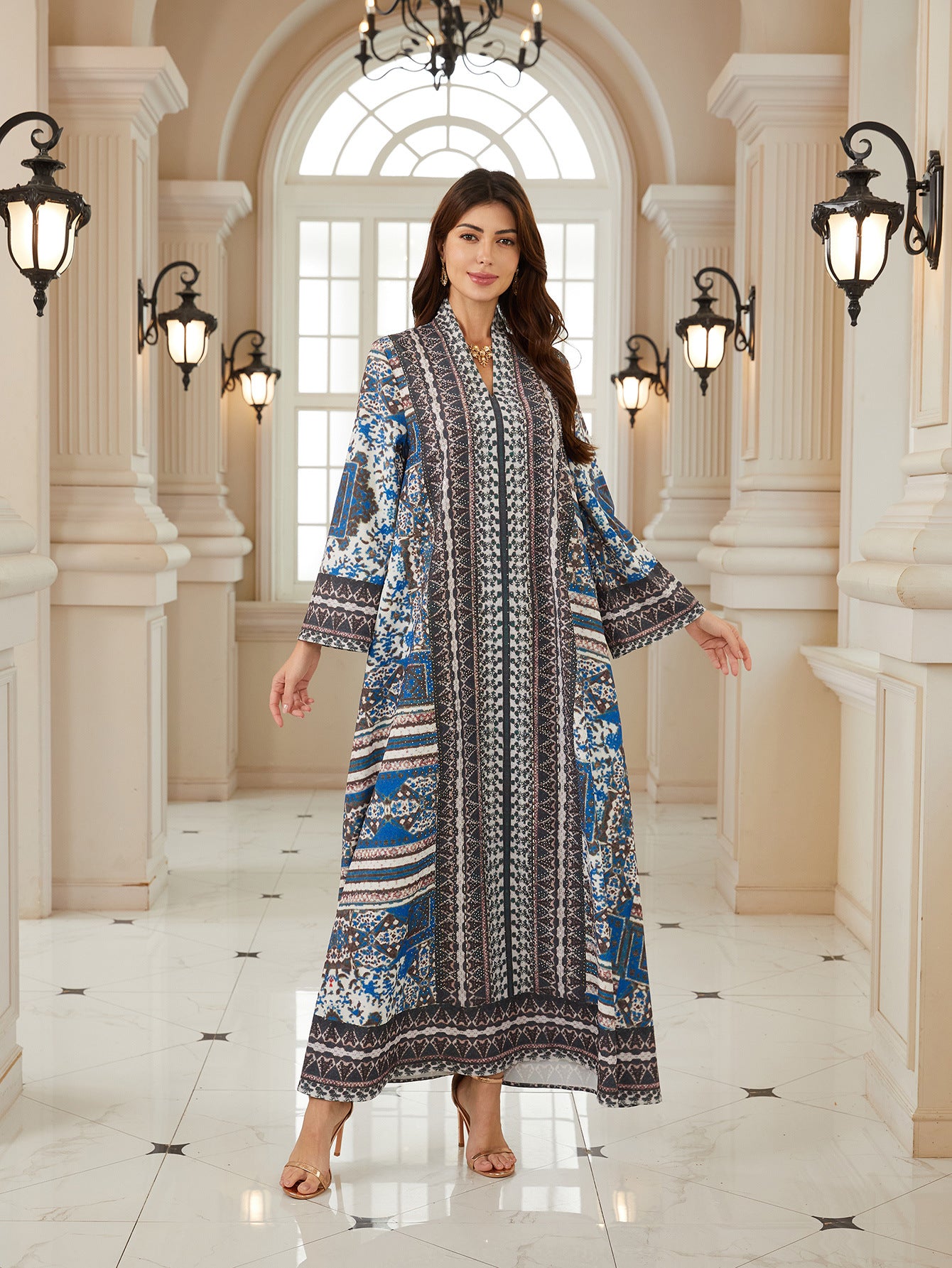 Elegant Printed Long Sleeve Kaftan Dress – Hot-Fix Rhinestone Modest Maxi Gown Secondary image
