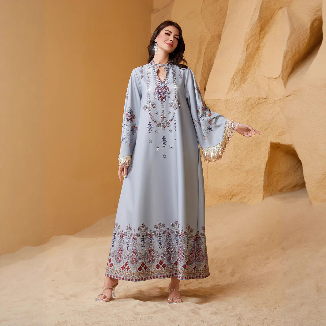 Elegant Printed V-Neck Kaftan Maxi Dress with Tassels – Plus Size Long Sleeve Evening Gown Secondary image