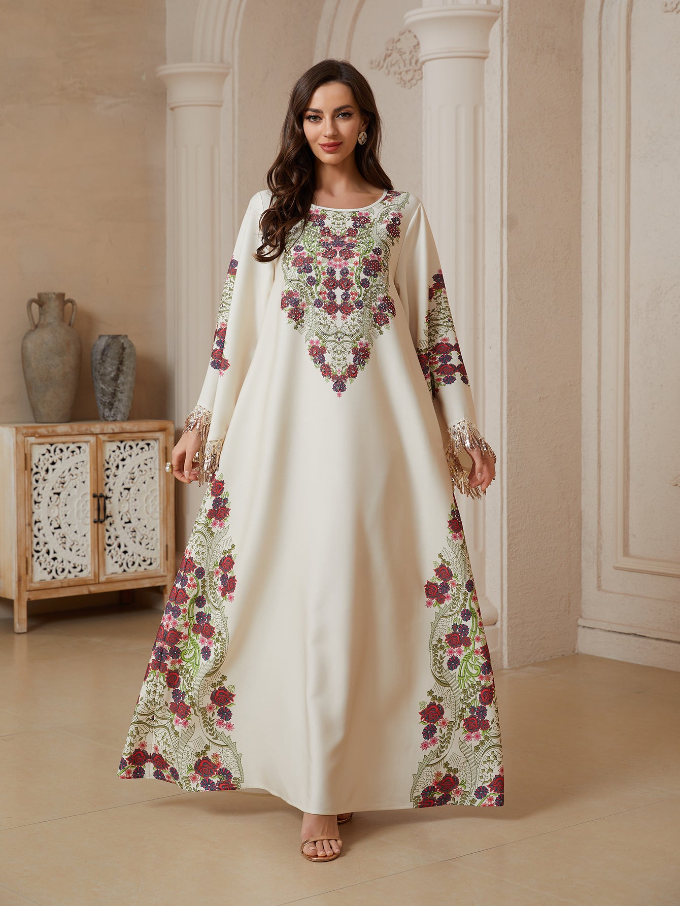 Elegant V-Neck Printed Kaftan Maxi Dress - Loose Fit Long Sleeve Abaya Gown with Tassels Secondary image