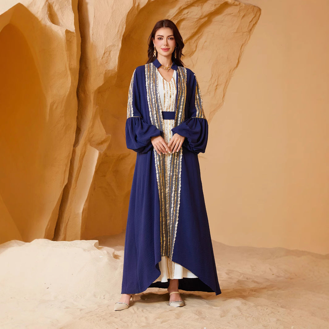 Elegant Embroidered Sequin 2-Piece Abaya Set – Crinkle Ice Silk Maxi Dress with Puff Sleeves Secondary image