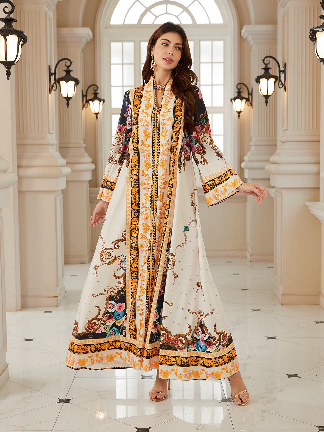 Elegant Vibrant Print Kaftan Dress – Hot-Fix Rhinestone Modest Maxi Gown Secondary image