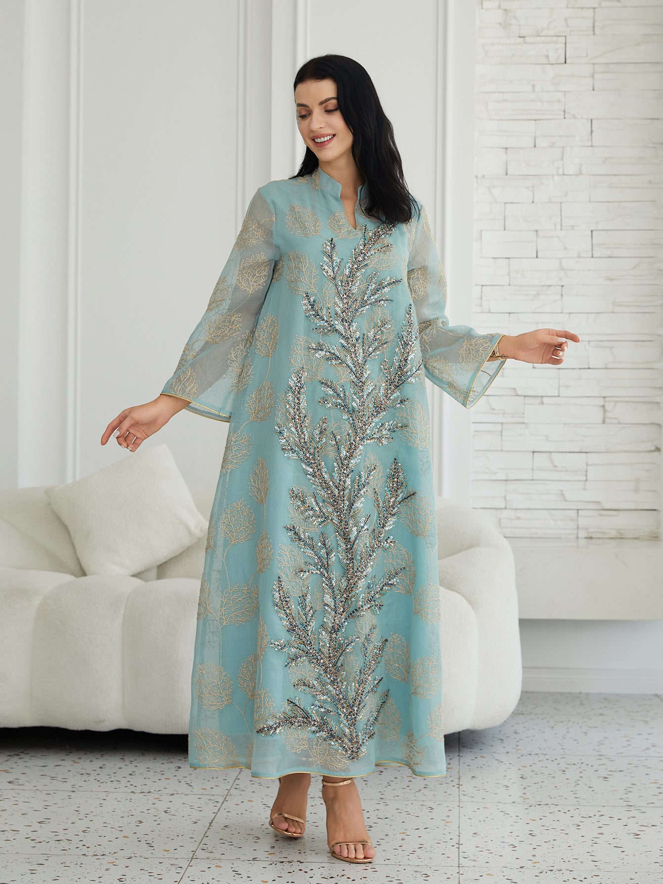 Elegant Contrast Sequin Evening Gown – Long Sleeve Maxi Dress for Prom & Formal Parties Secondary image