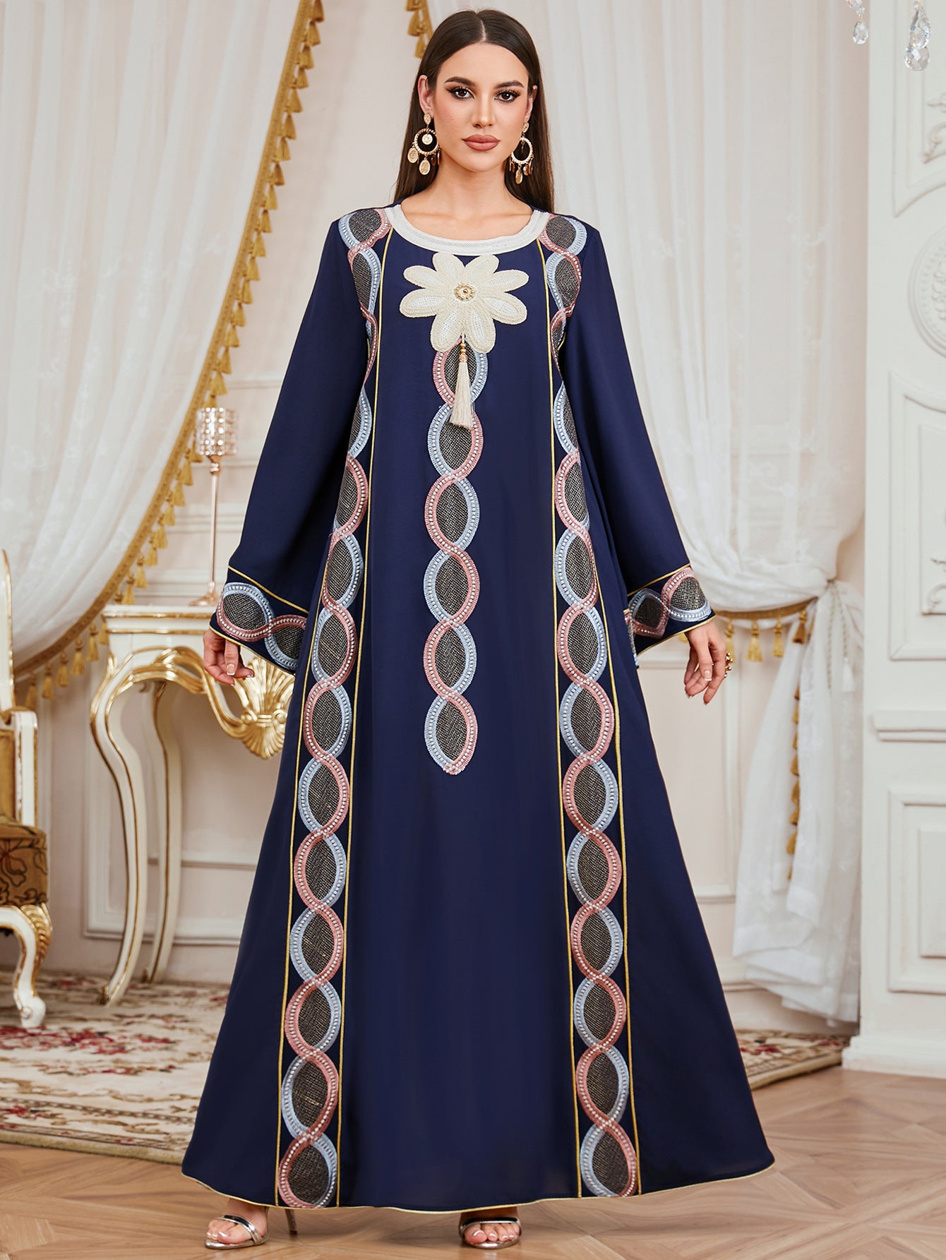 Elegant Floral Embroidered Maxi Dress - Loose Fit Ethnic Kaftan Evening Gown Secondary image