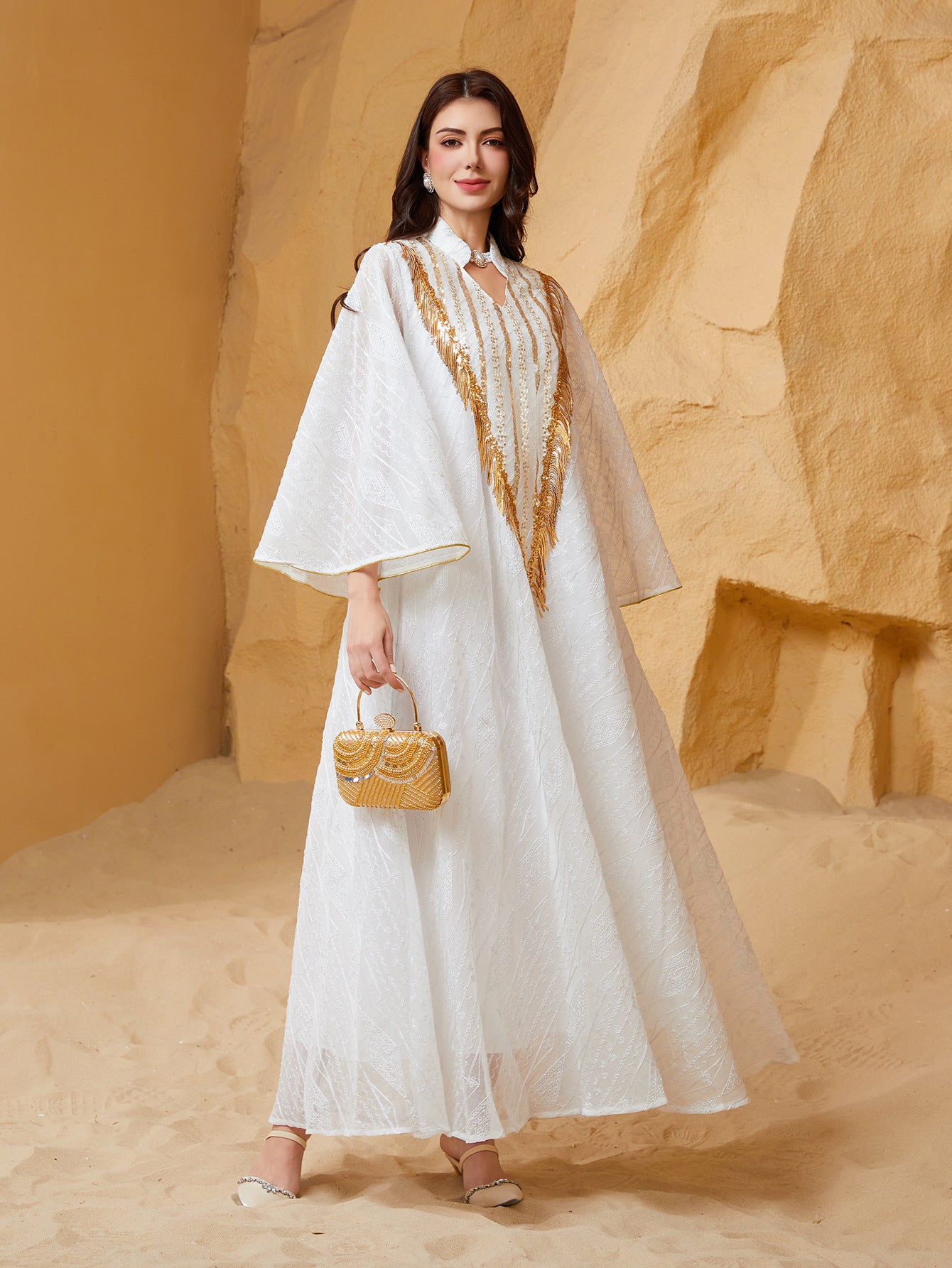 Elegant Mesh Embroidered Evening Dress with Sequins and Tassels - Flare Sleeve Kaftan Gown Secondary image