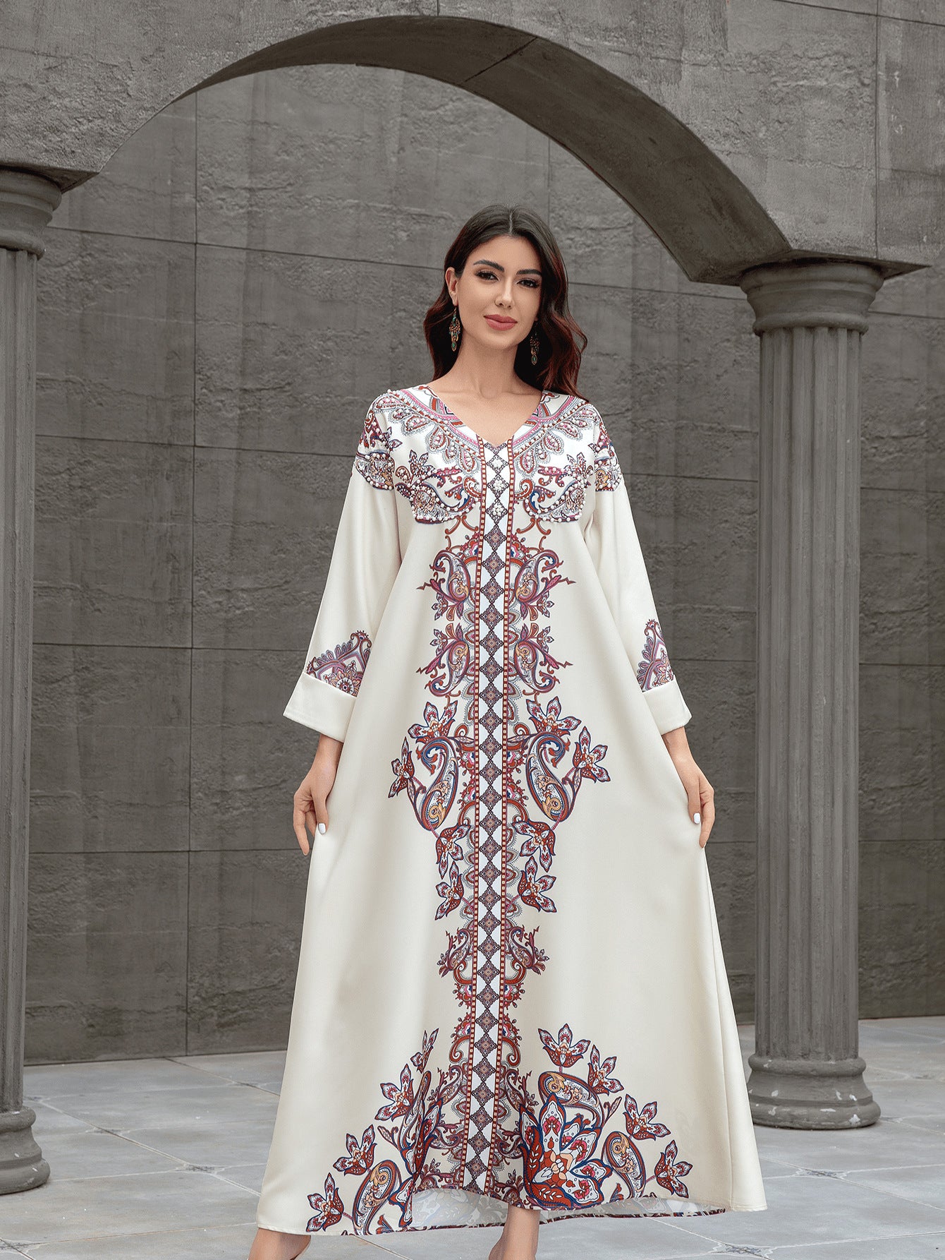 Elegant Printed Kaftan Maxi Dress with Beaded Detailing - Long Sleeve Abaya Secondary image