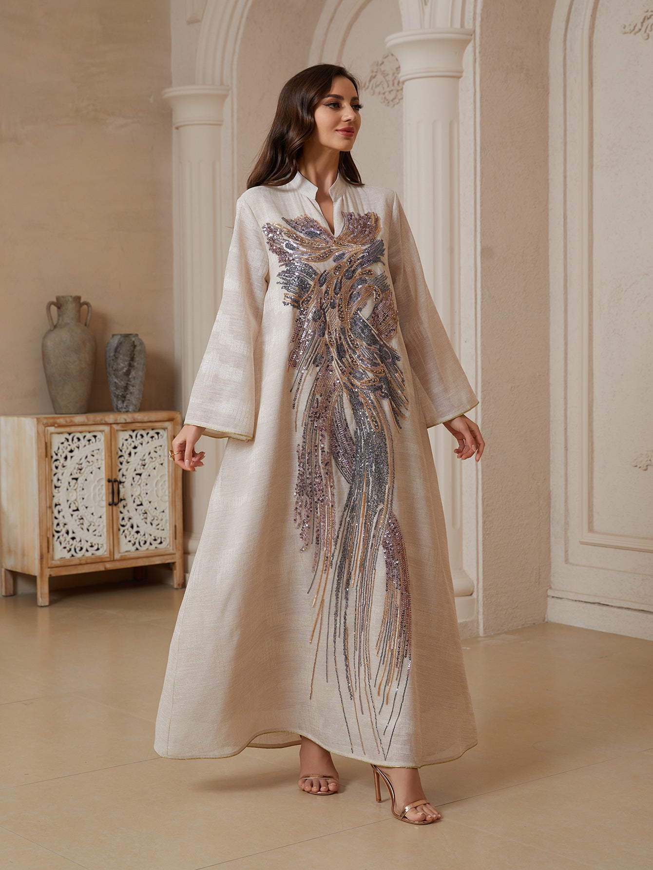 Elegant Mesh Sequin Abaya Maxi Dress – Modest Long Sleeve Embroidered Kaftan Gown Secondary image