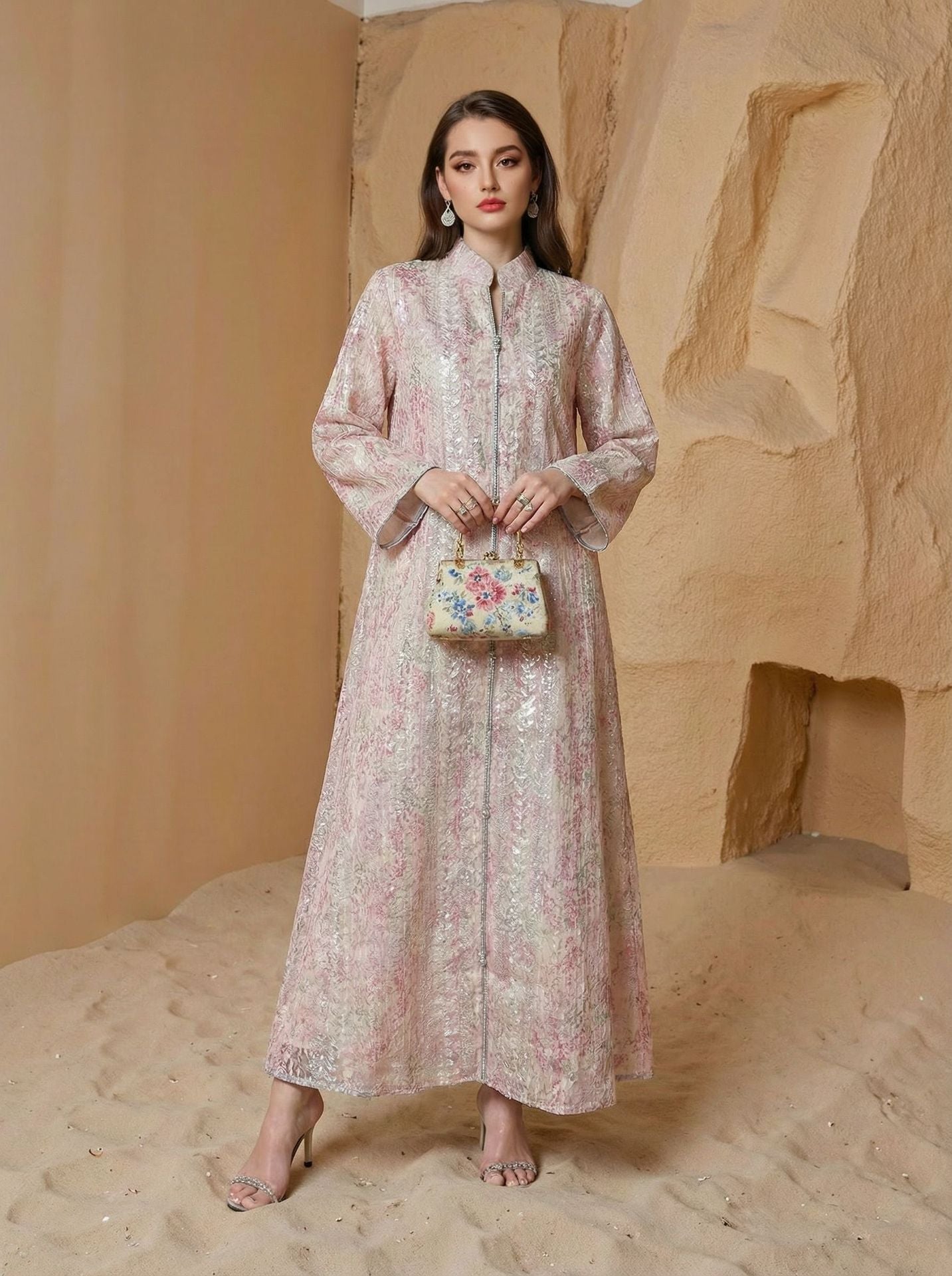 Elegant Floral Print Hand-Embroidered Maxi Dress – Premium Long Sleeve Evening Gown Secondary image