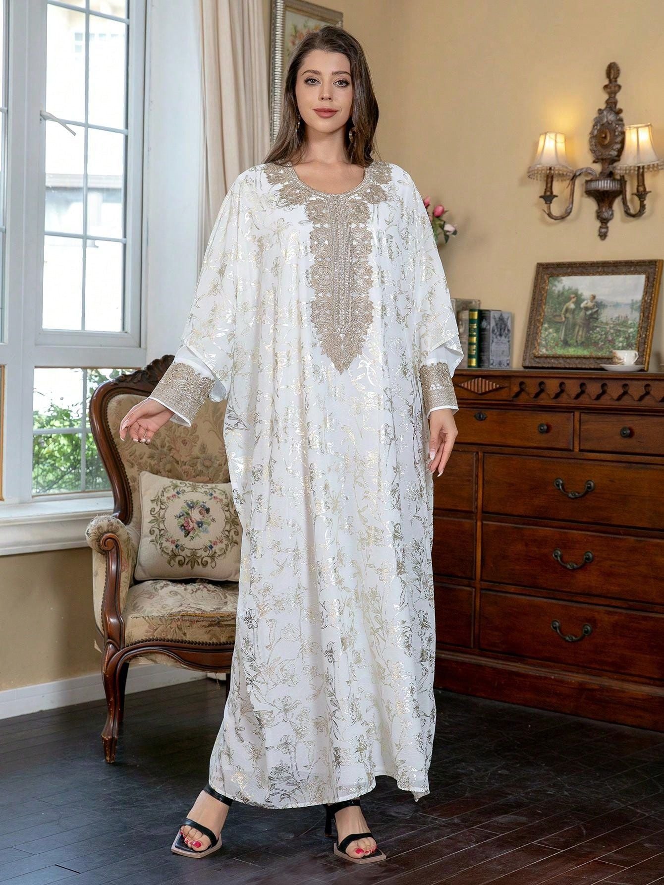 Elegant Floral Gold Foil Chiffon Kaftan Dress – Modest Long Sleeve Maxi Gown Secondary image
