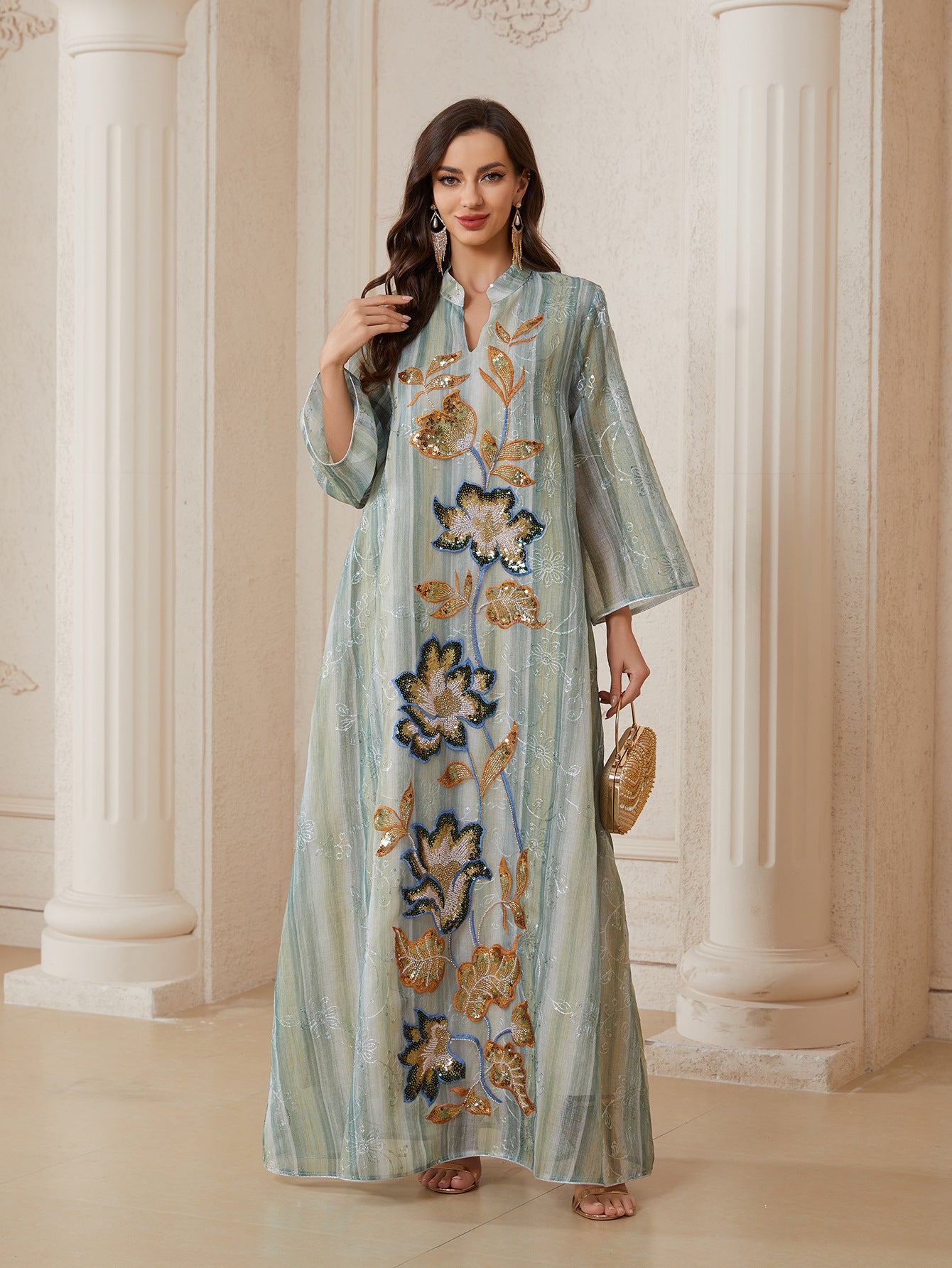 Premium Mesh Sequin Kaftan Dress – Heavy Craft Patchwork Modest Maxi Gown Secondary image