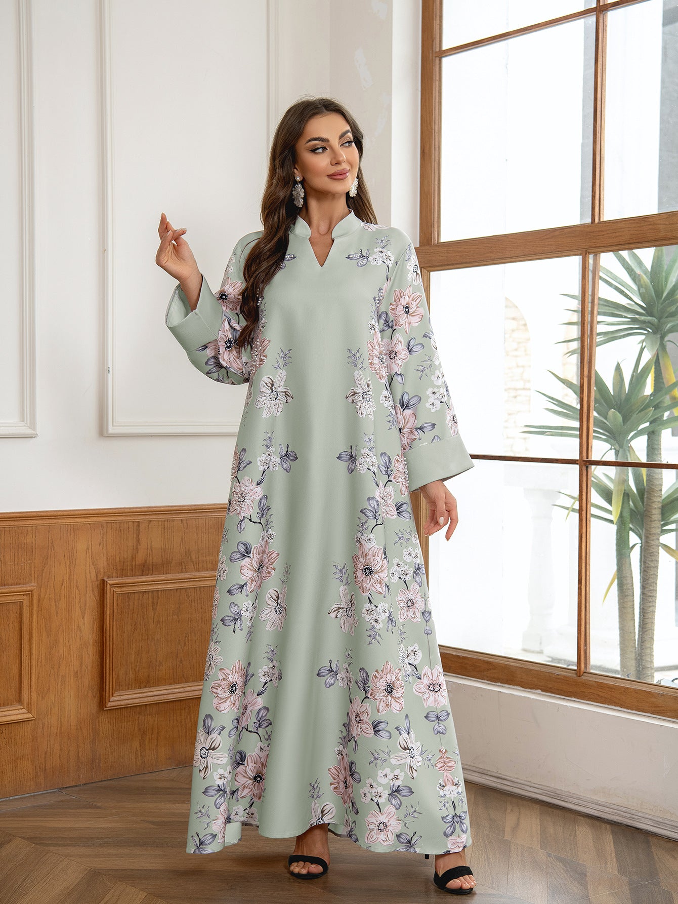 Elegant Floral Print Kaftan Dress – Intricate Beaded Modest Maxi Gown Secondary image