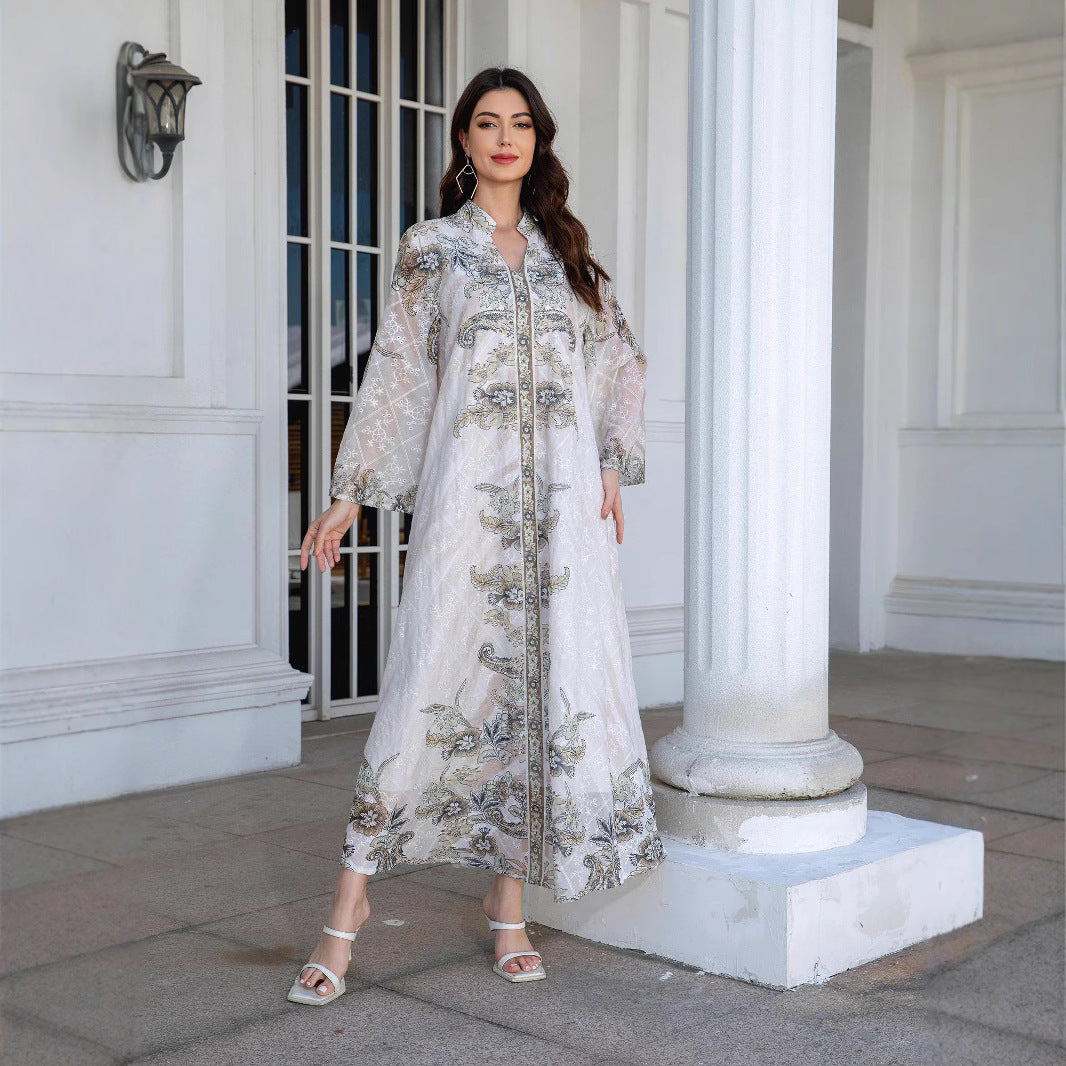 Elegant Mandarin Collar Printed Maxi Dress with Rhinestone Accents – Long Sleeve Kaftan Robe Secondary image