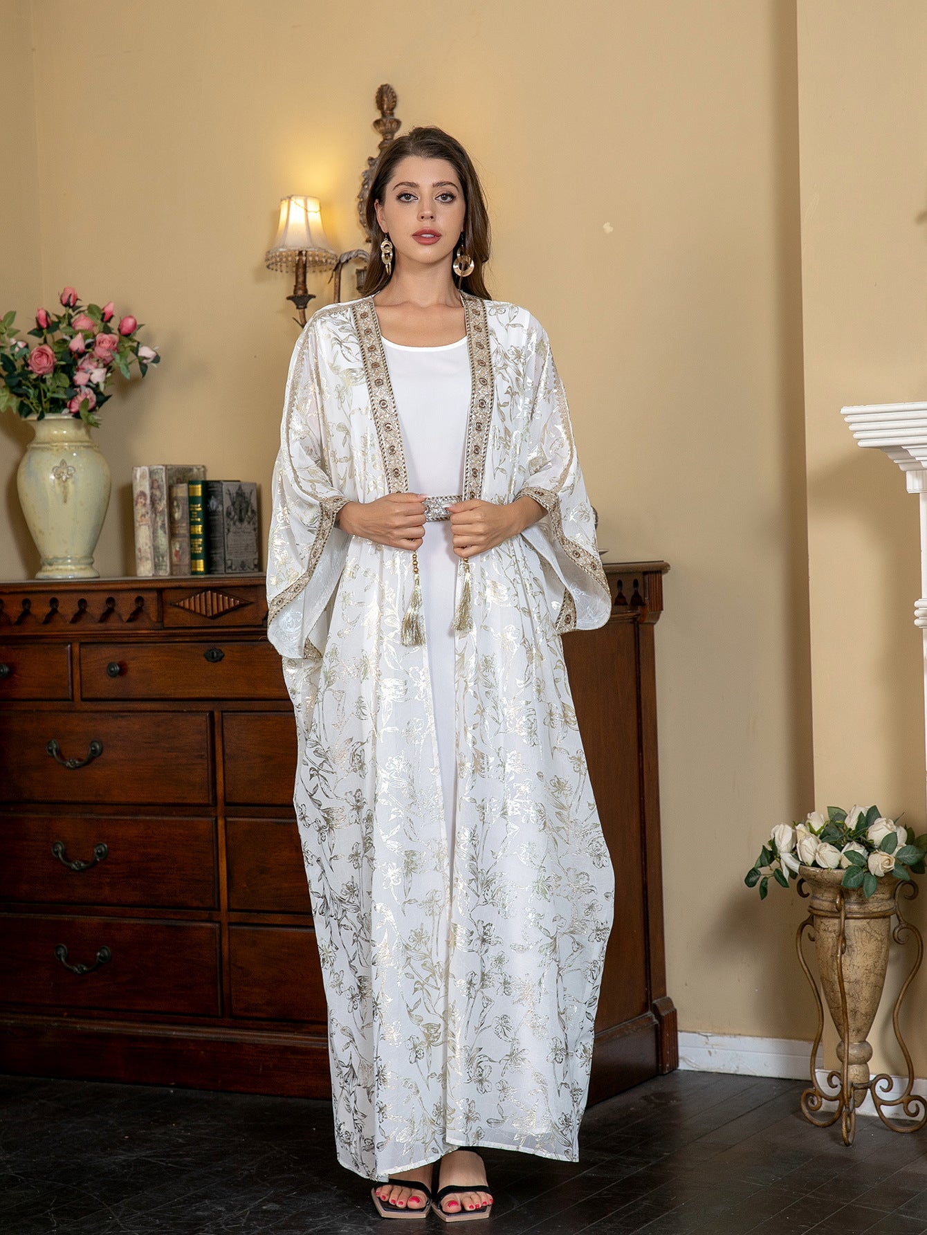 Elegant Foil Print Chiffon Kaftan Dress Set - Modest Long Maxi Abaya 2-Piece Set Secondary image