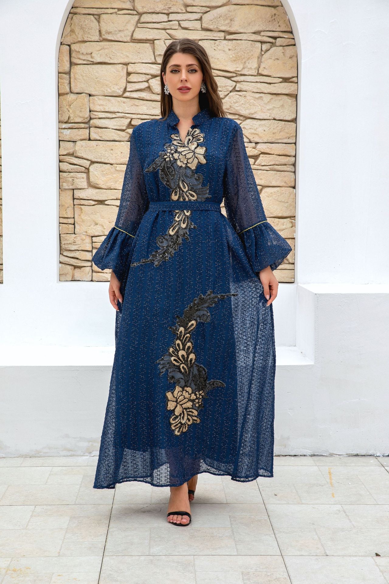 Elegant Embroidered Sequin Maxi Dress – Navy Blue Long Sleeve Patchwork Kaftan Abaya Secondary image