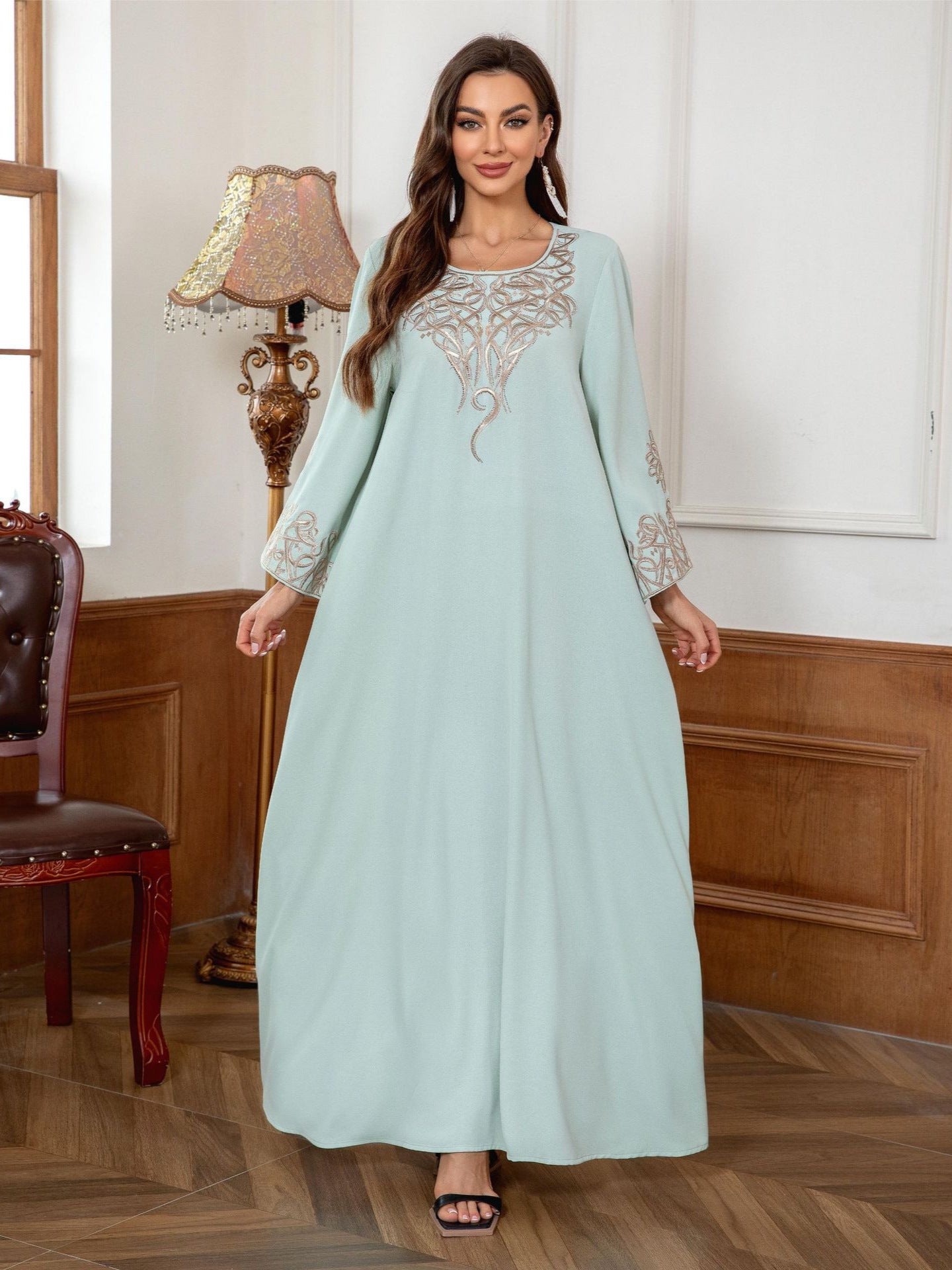 Elegant Minimalist Embroidered Kaftan Abaya – Light Green Long Sleeve Maxi Dress Secondary image