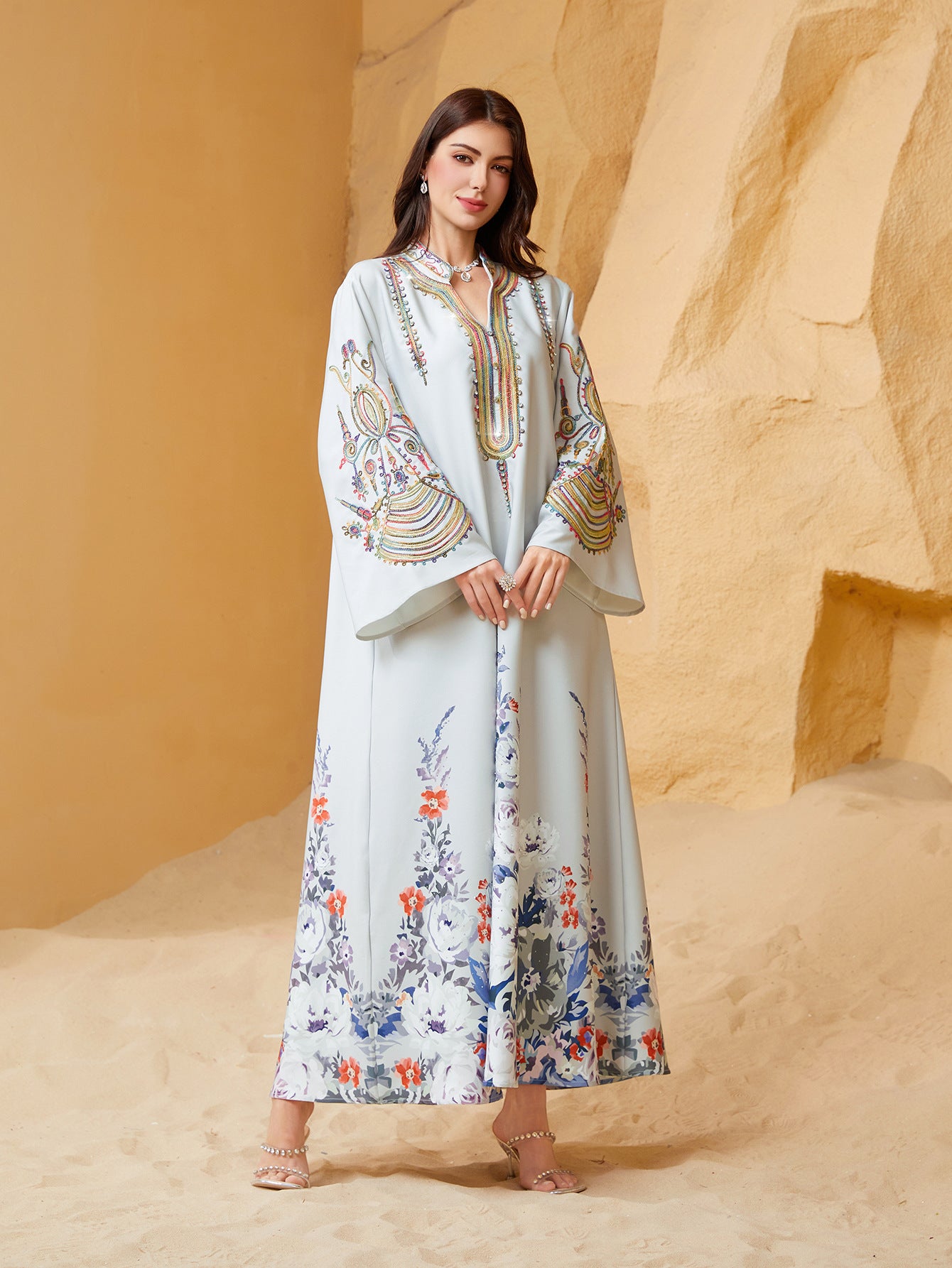 Elegant Cord Embroidered Kaftan Abaya – Light Grey Long Sleeve Holiday Maxi Dress Secondary image
