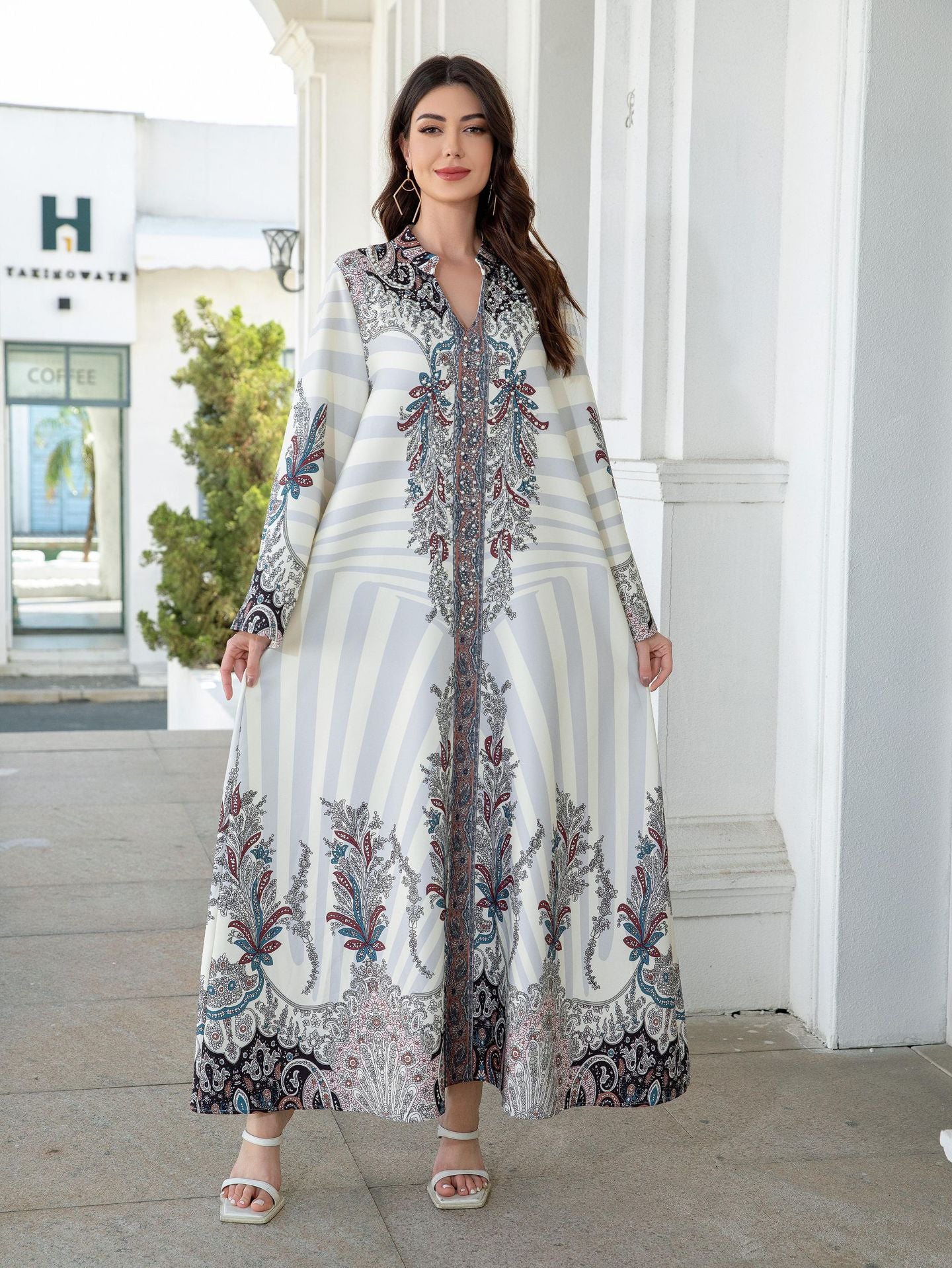 Elegant Rhinestone Beaded Floral Print Maxi Abaya Dress with Stand Collar Secondary image