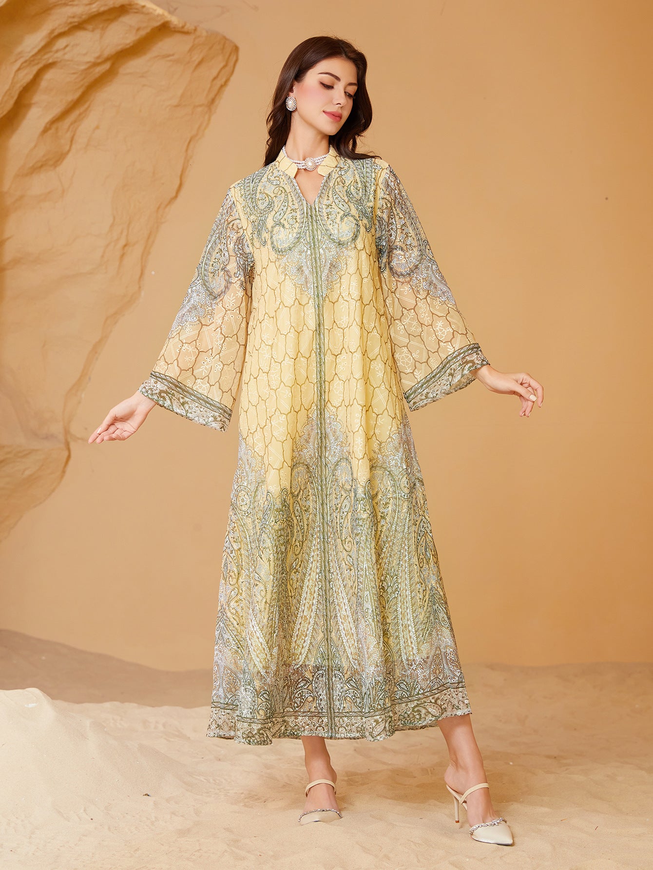 Elegant Printed Chiffon Kaftan Dress – Rhinestone Embroidered Modest Maxi Gown Secondary image