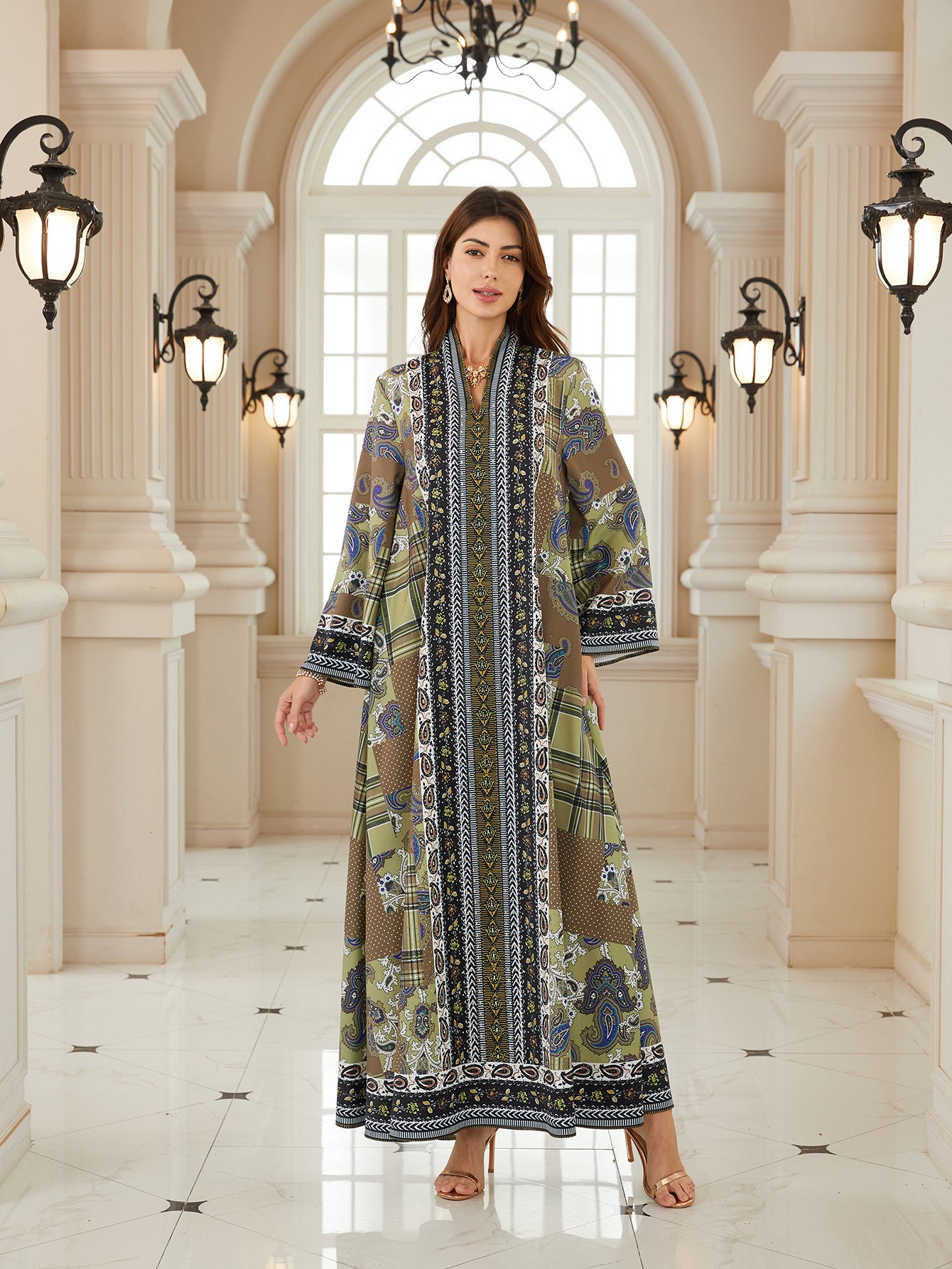 Boho Floral Print Maxi Dress with Rhinestone Embellishments – Loose Fit Long Sleeve V-Neck Kaftan Secondary image