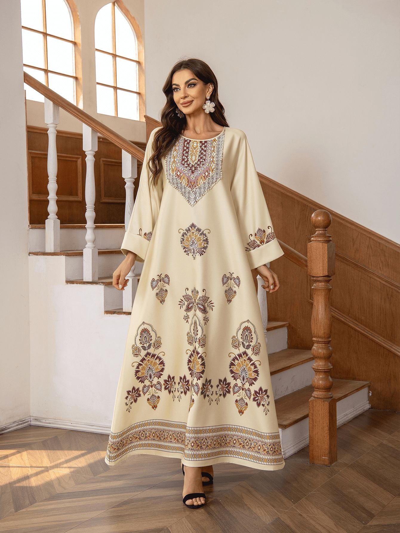 Elegant Floral Print Crewneck Maxi Dress – Loose Fit A-Line Kaftan Abaya with Rhinestones and Beading Secondary image
