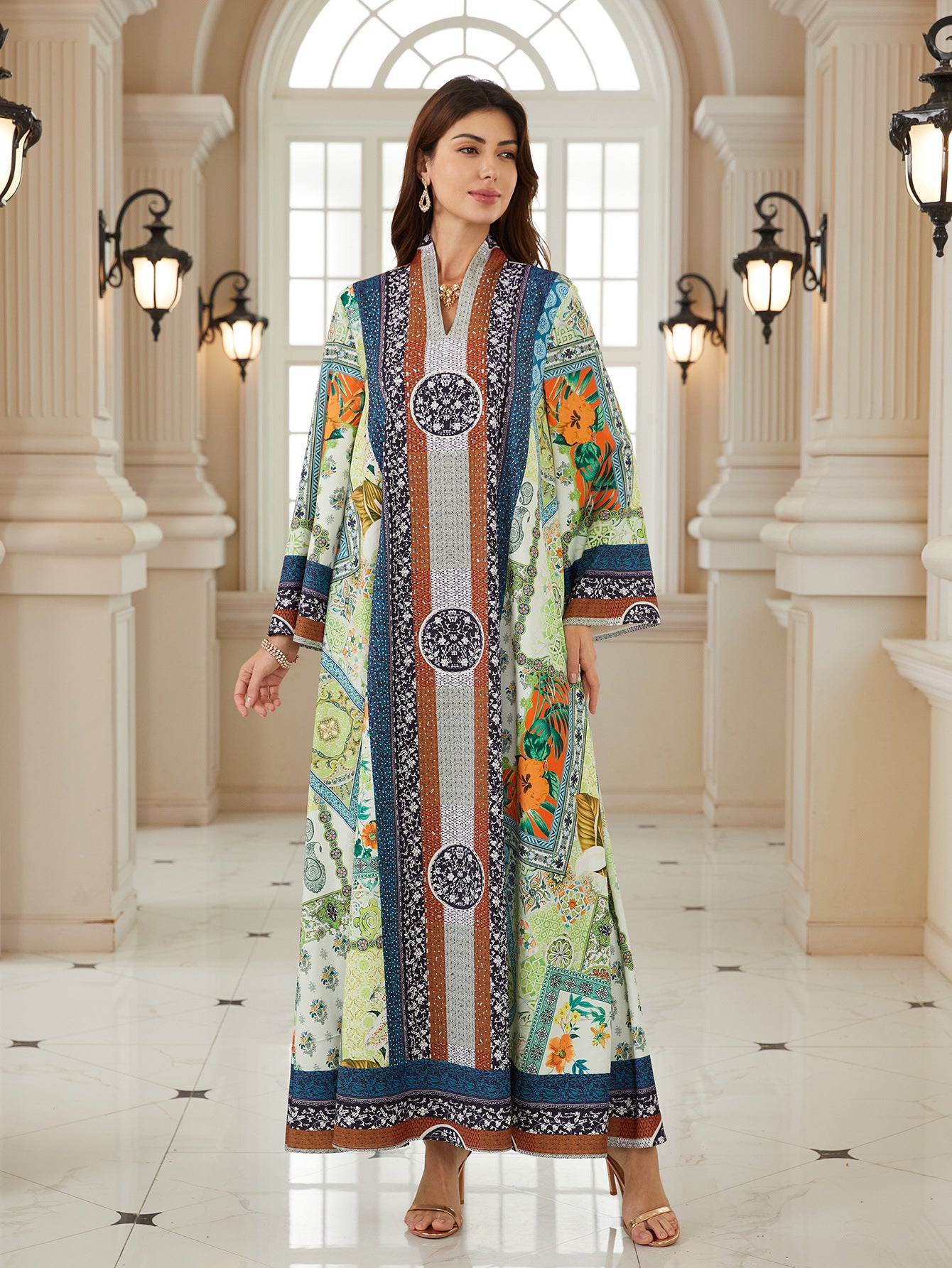Elegant Floral Print Jalabiya Maxi Dress – Hot-Fix Rhinestone Modest Kaftan Gown Secondary image