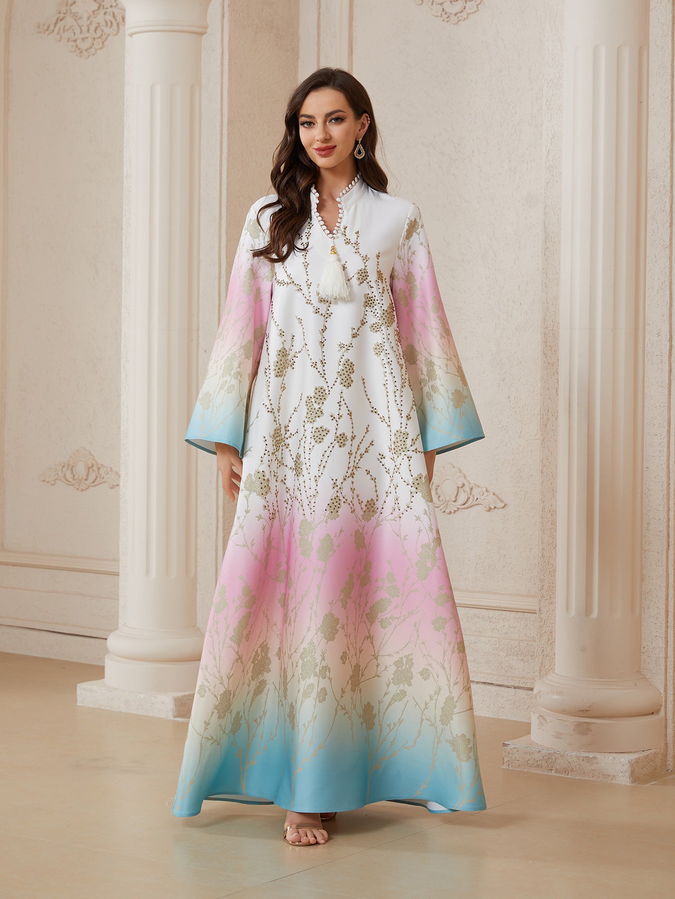 Elegant Gradient Print Kaftan Dress – Rhinestone Beaded Modest Evening Gown Secondary image