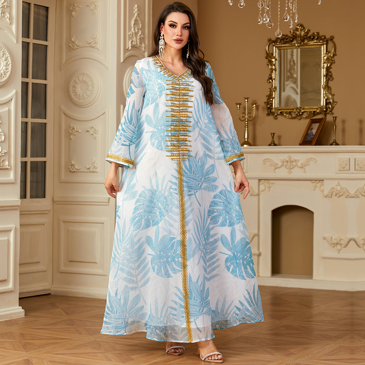 Elegant Floral Print Embroidered Maxi Dress - V-Neck Beaded Kaftan Gown Secondary image