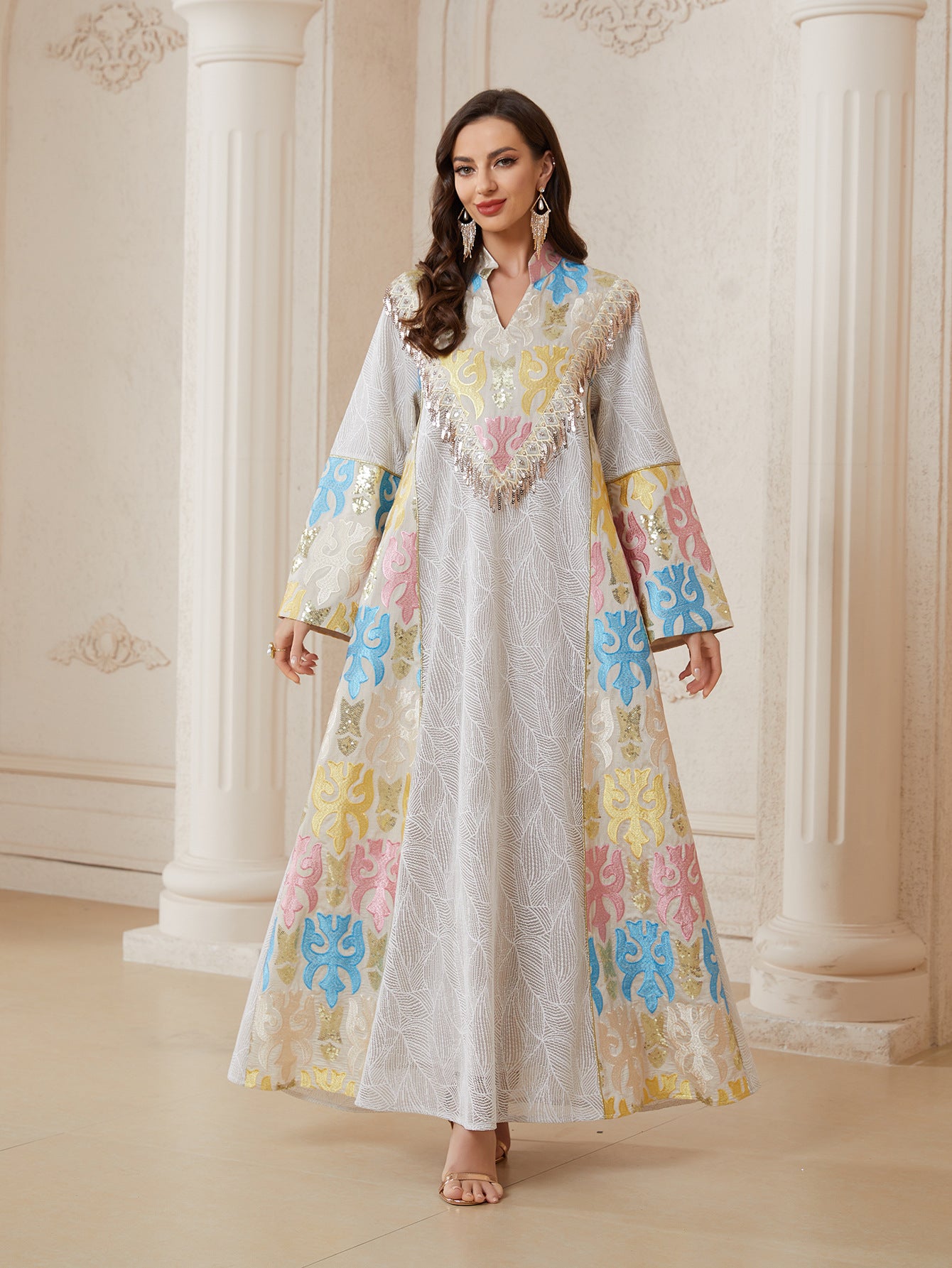 Elegant Embroidered Kaftan Maxi Dress with Tassel Detail - Off-White Long Sleeve Abaya Secondary image