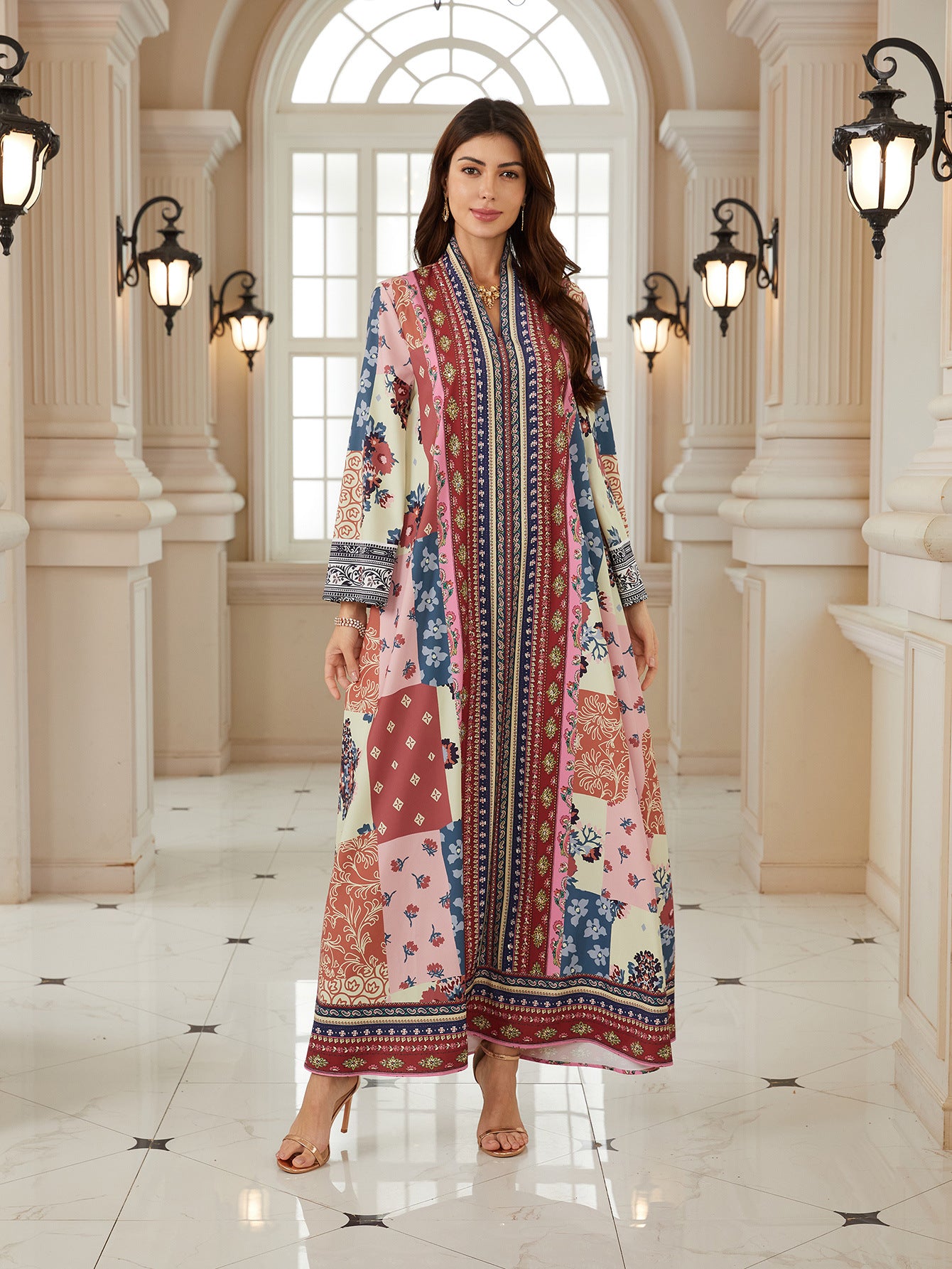 Elegant V-Neck Ethnic Print Kaftan Dress – Hot-Fix Rhinestone Modest Maxi Gown Secondary image