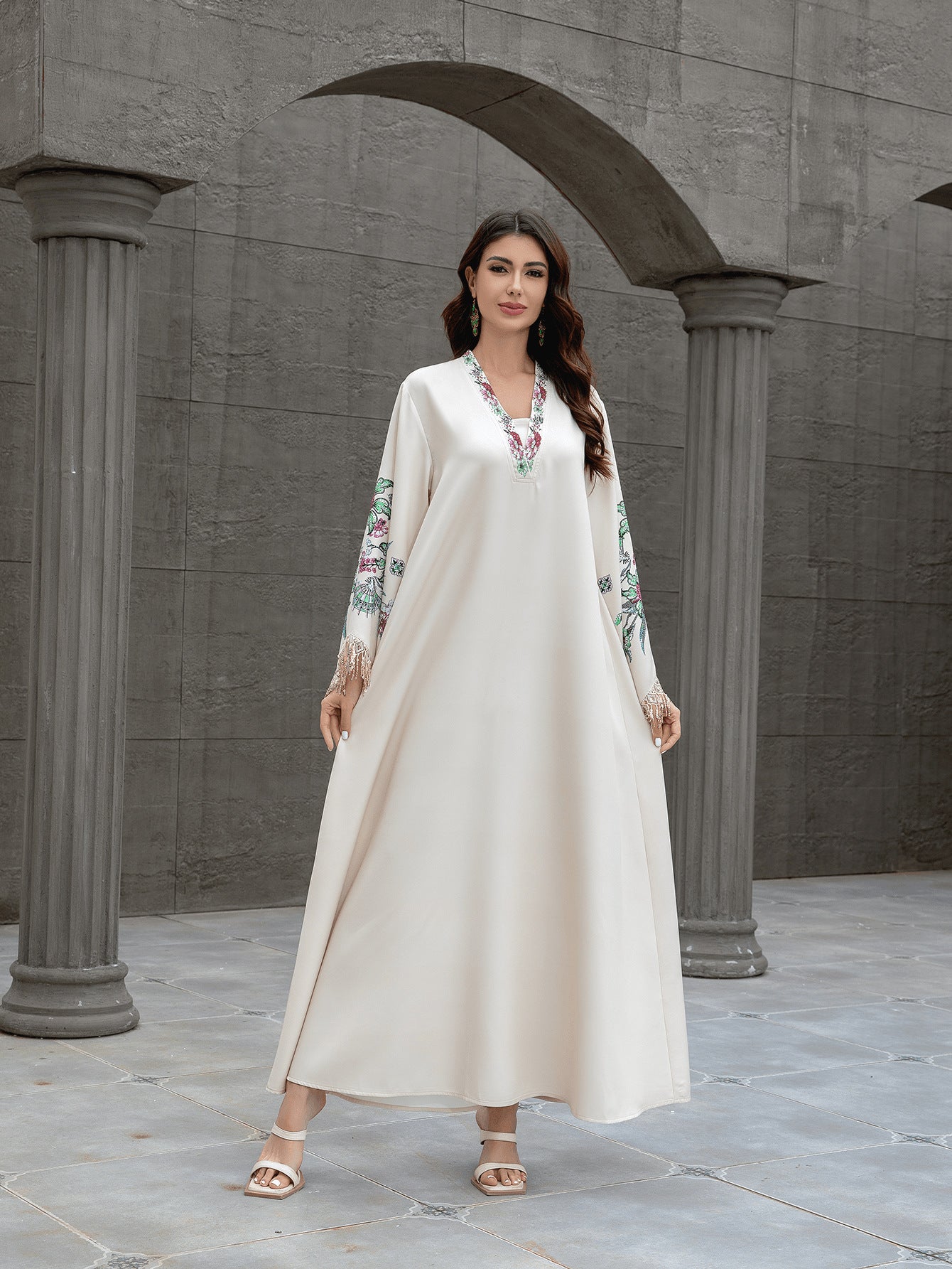 Elegant V-Neck Printed Maxi Dress with Tassels - Long Sleeve Kaftan Robe Secondary image