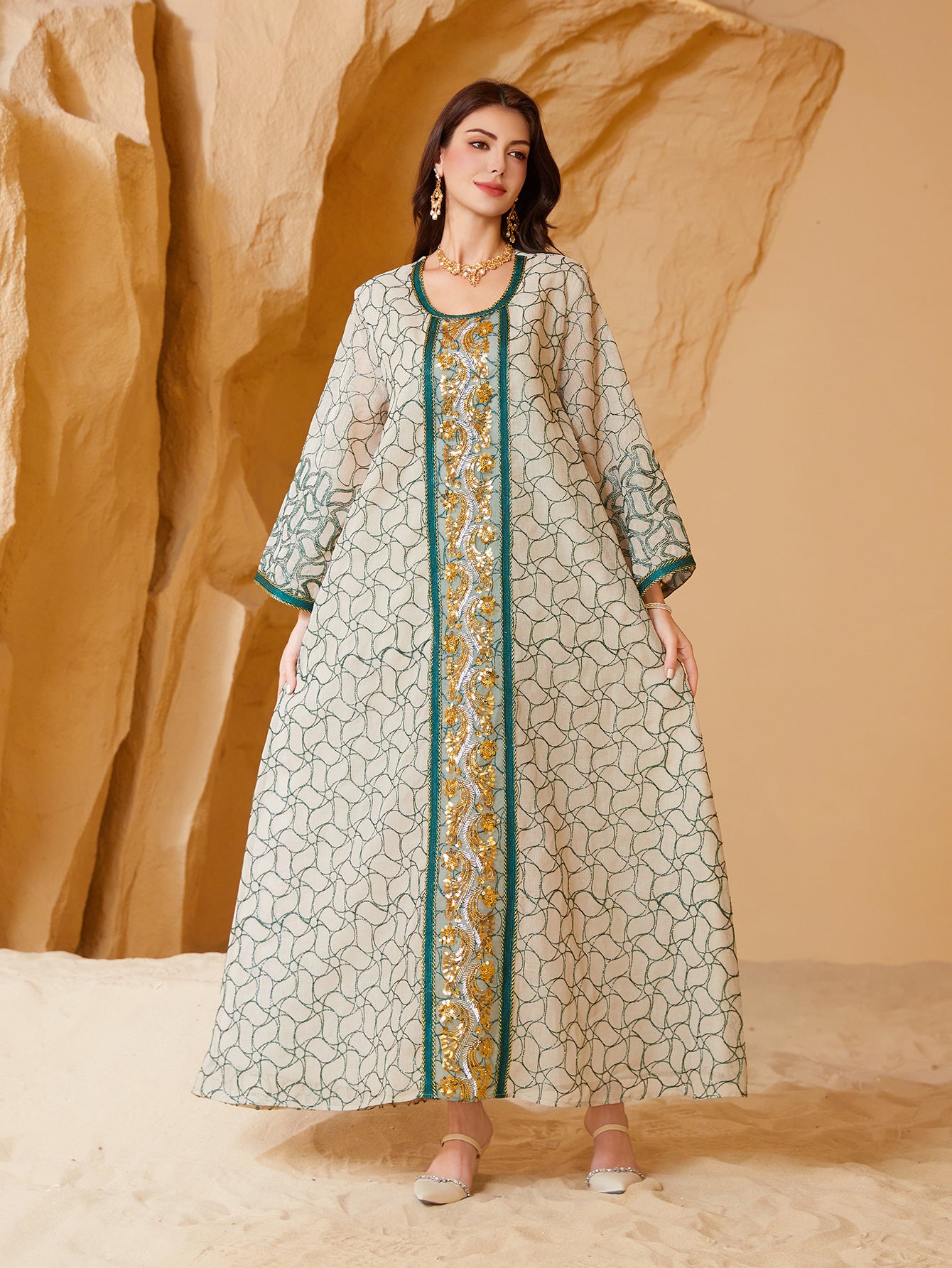 Elegant Sequin Patchwork Abaya Dress - Long Sleeve Mesh Maxi Robe Secondary image