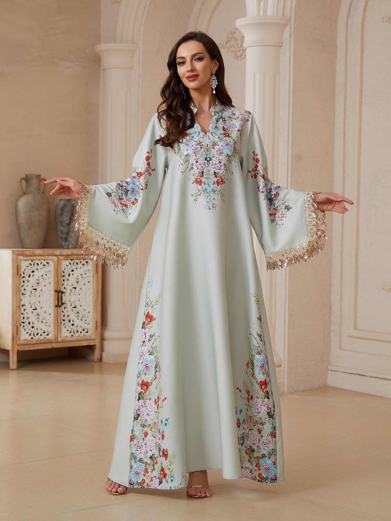 Elegant Light Green Printed Kaftan Maxi Dress - Rhinestone V-Neck Abaya Gown with Tassels Secondary image