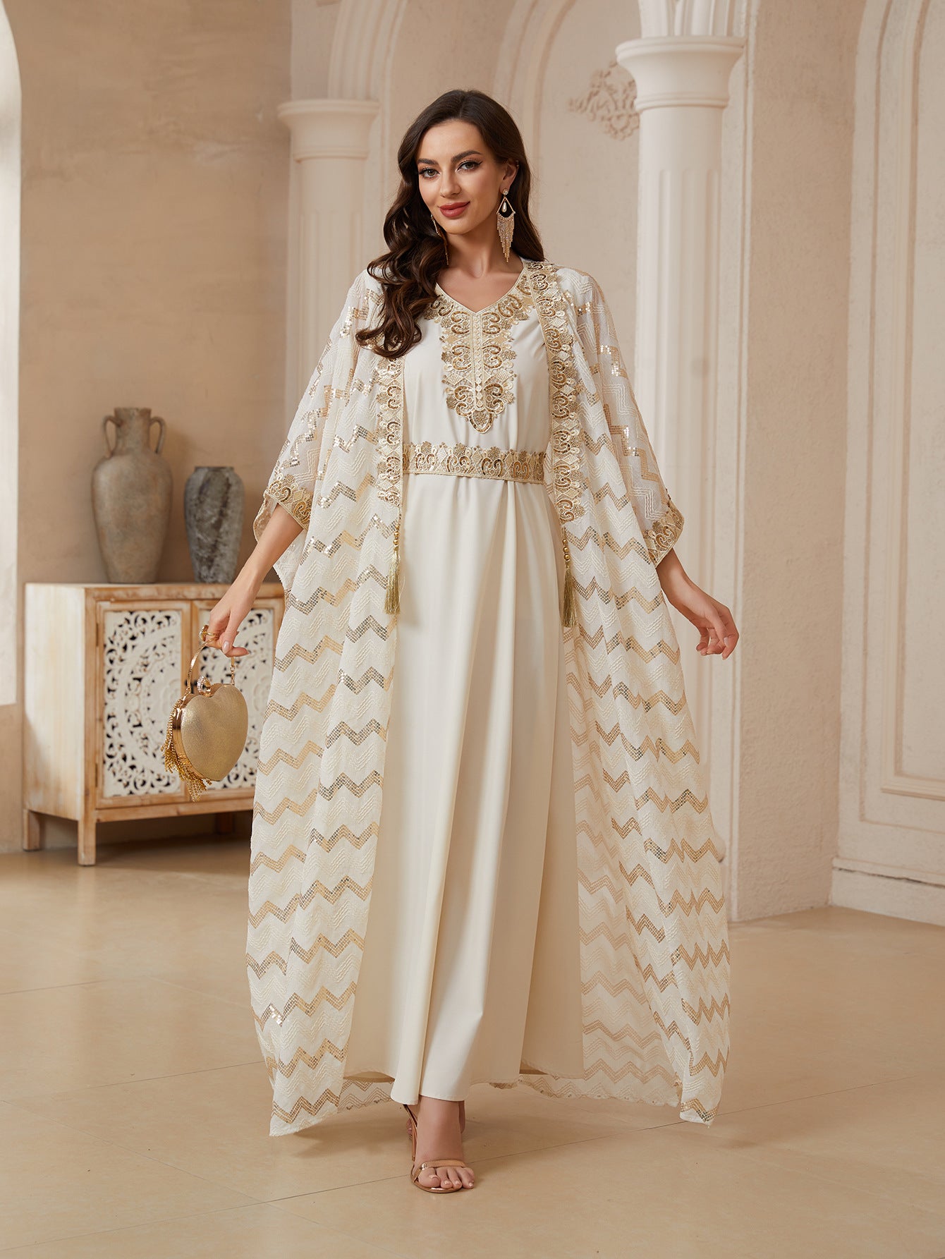 Elegant Sequin Embroidered Kaftan Dress - Two-Piece Women's Maxi Gown Secondary image