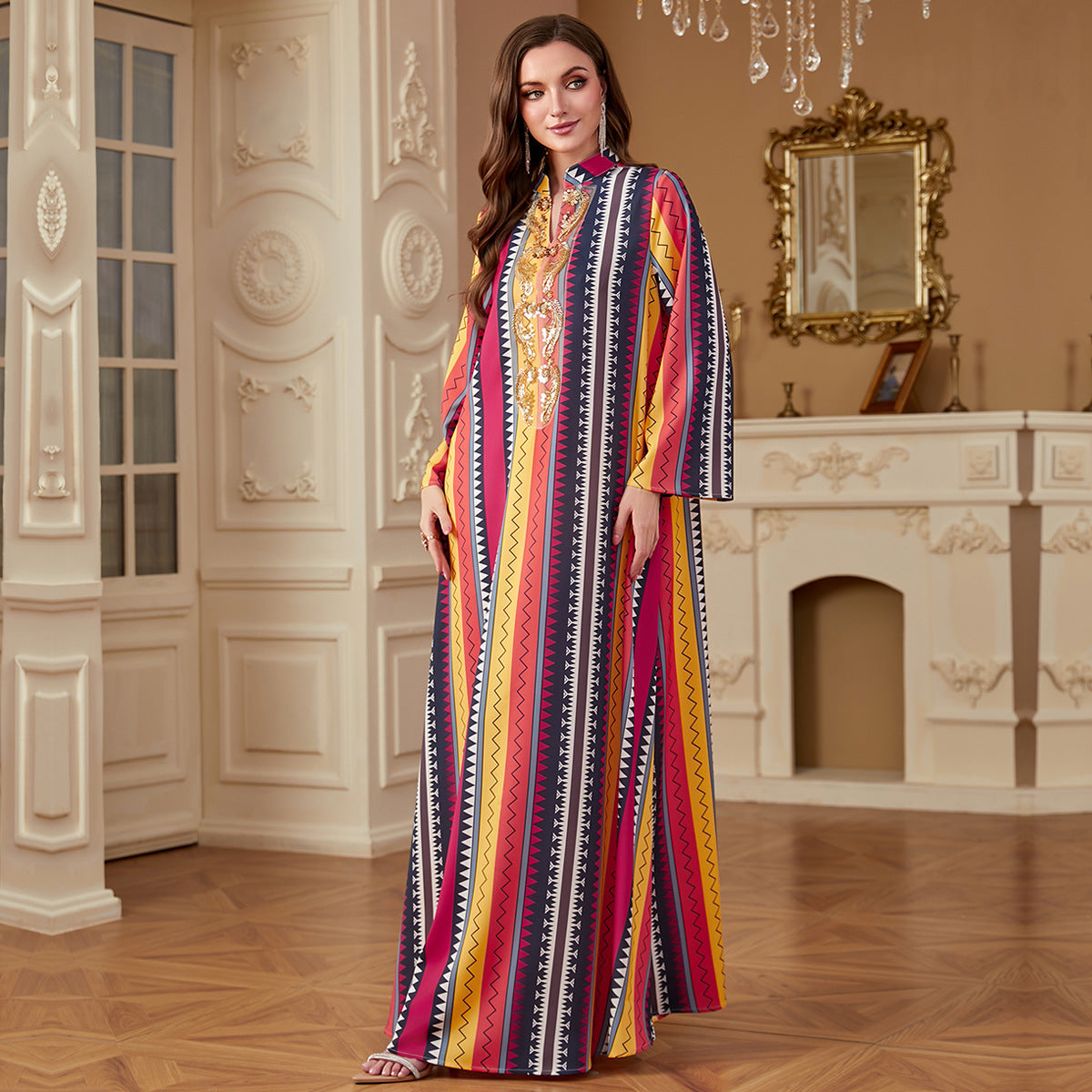 Elegant Printed Long Sleeve Maxi Kaftan Dress - Embroidered V-Neck Boho Abaya Secondary image