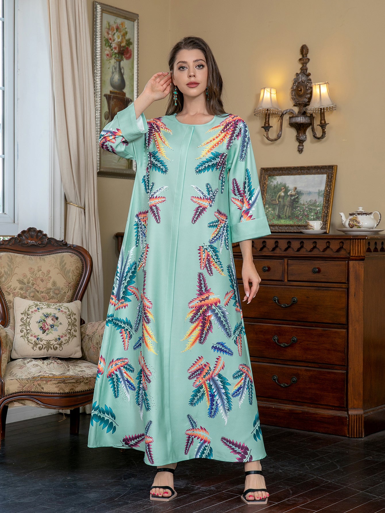 Elegant Ethnic Print Kaftan Dress – Rhinestone Beaded Modest Long Sleeve Maxi Gown Secondary image