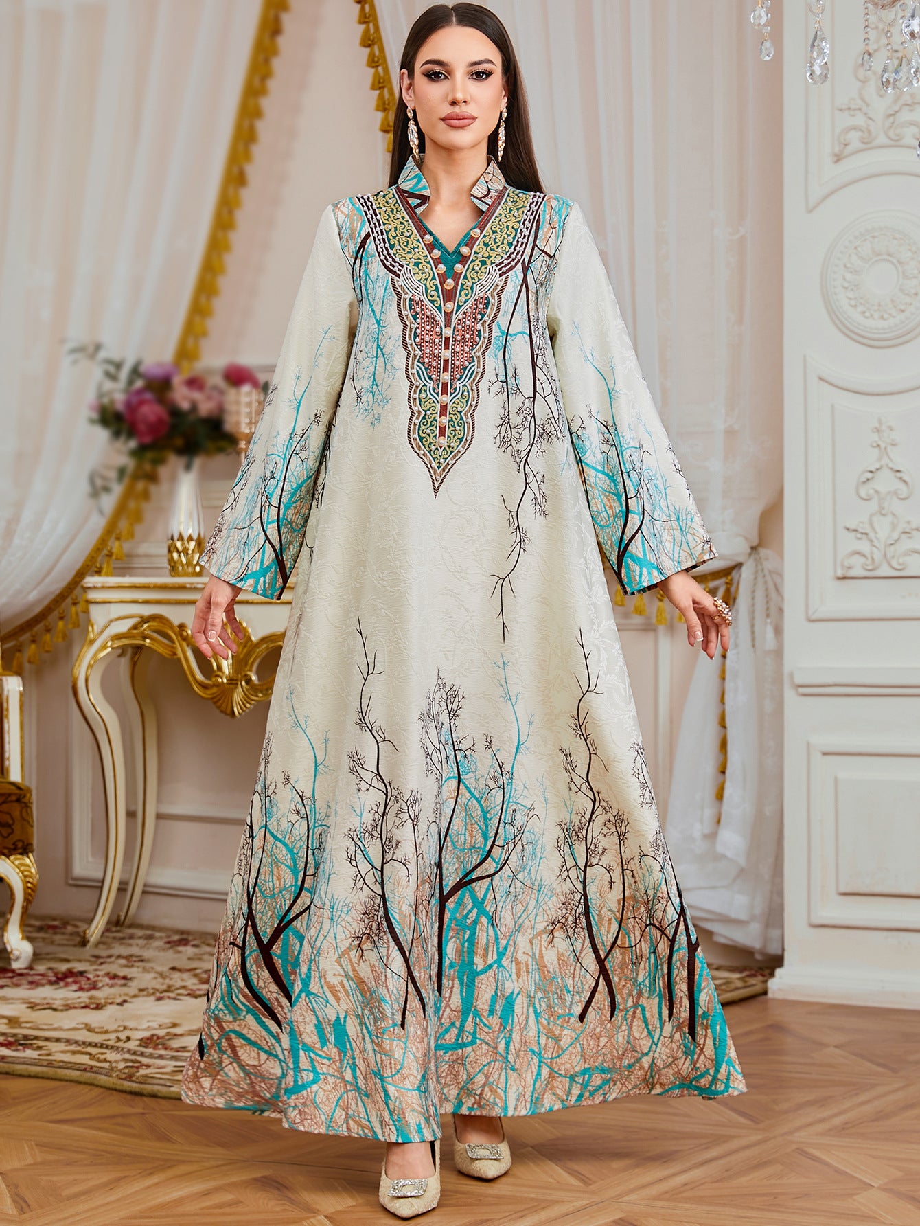 Elegant Digital Print V-Neck Maxi Dress - Casual Loose Fit Kaftan Gown Secondary image