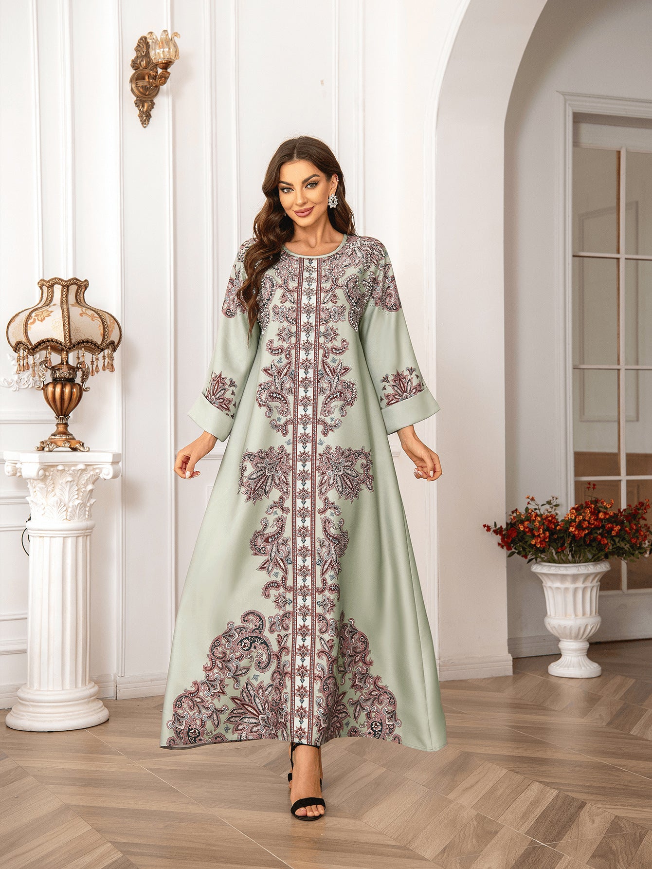 Elegant Printed Kaftan Maxi Dress with Rhinestone and Beaded Detailing - Long Sleeve Abaya Robe Secondary image