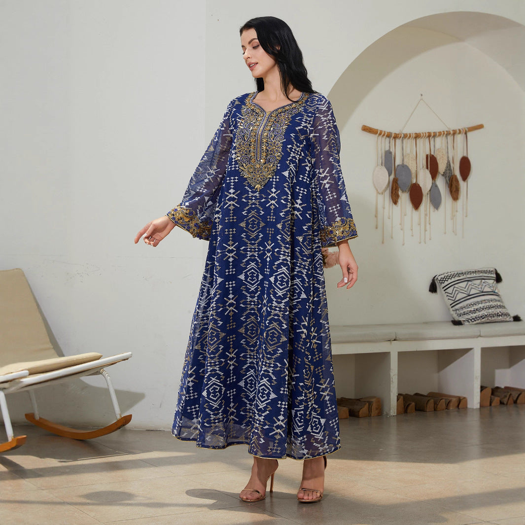 Elegant Mesh Embroidered Patchwork Kaftan Abaya – Royal Blue Long Sleeve Maxi Dress Secondary image
