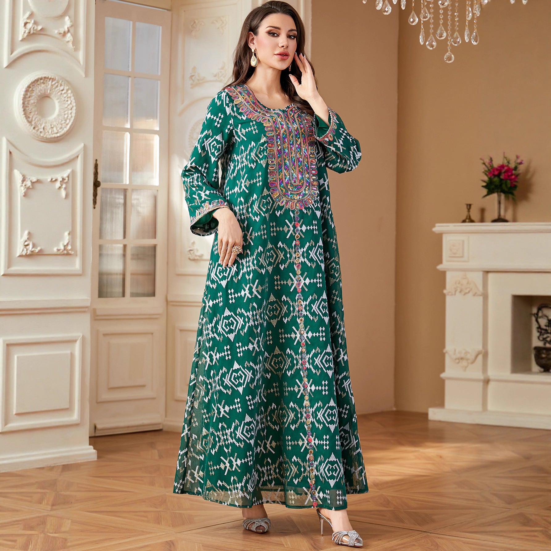 Elegant Embroidered Long Sleeve Maxi Dress - Loose Fit Ethnic Kaftan Gown Secondary image