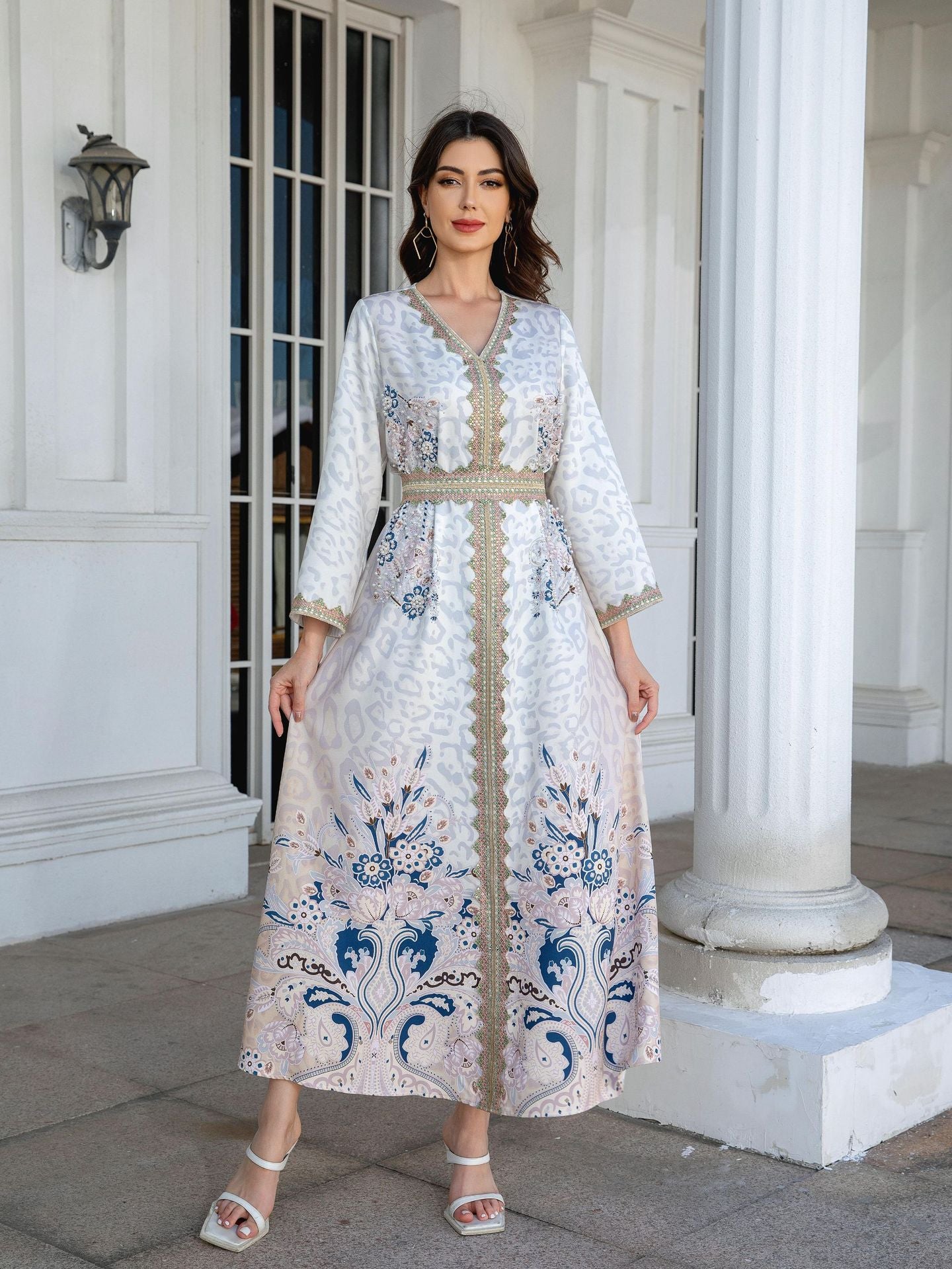 Elegant Printed V-Neck Maxi Dress with Rhinestone Beading & Waist Belt Secondary image
