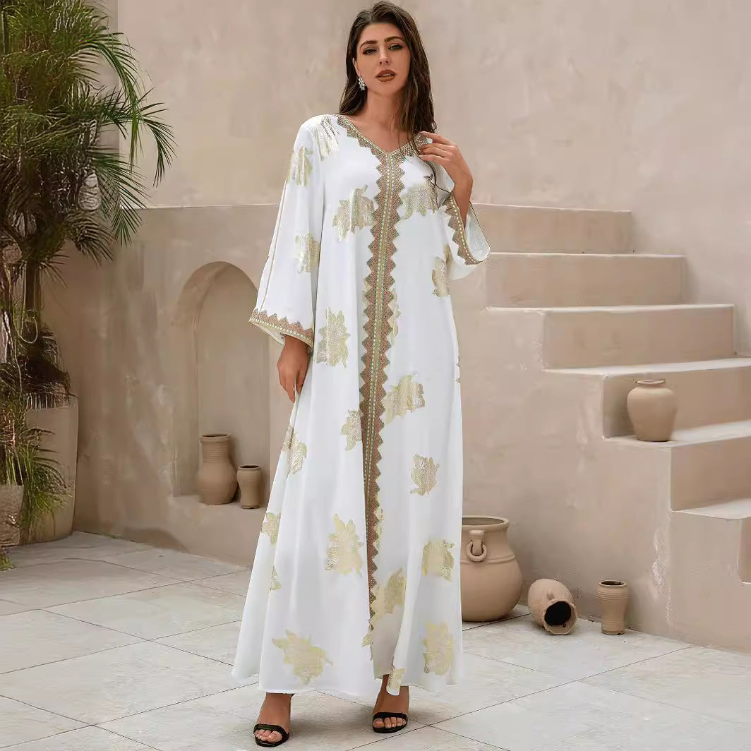 Elegant Floral Gold Foil Abaya Maxi Dress – Sequin Embroidered Modest Evening Gown Secondary image