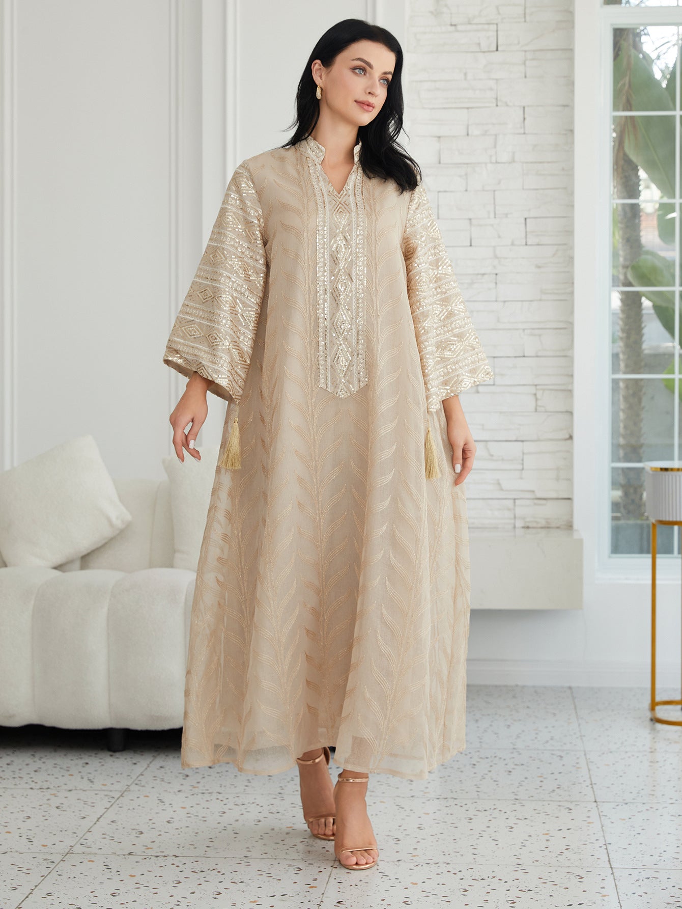 Elegant Tassel Mesh Kaftan Maxi Dress – Plus Size Jacquard Embroidered Sequin Evening Gown Secondary image