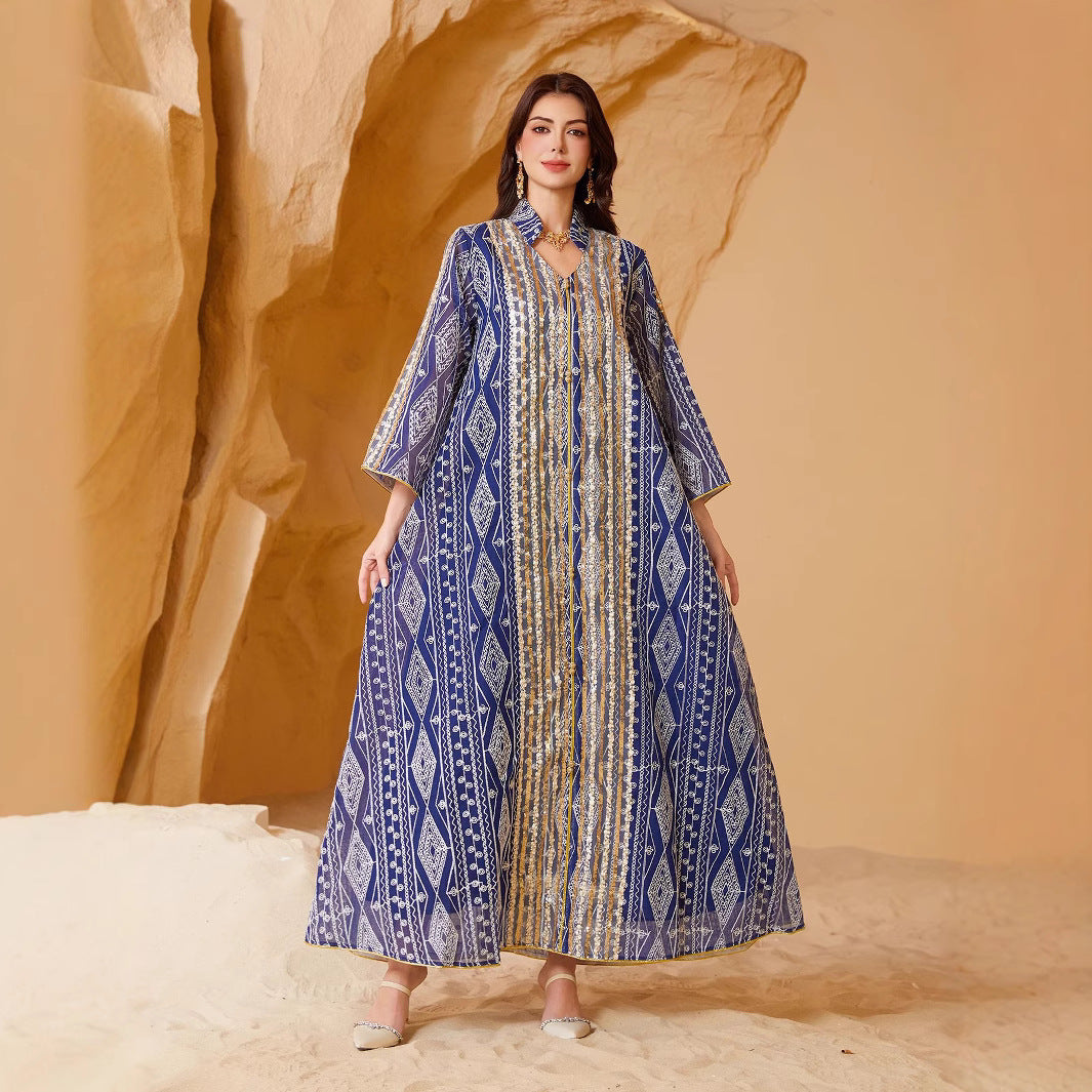 Elegant Sequin Jacquard Evening Maxi Dress – Long Sleeve Mesh Mesh Gown Secondary image