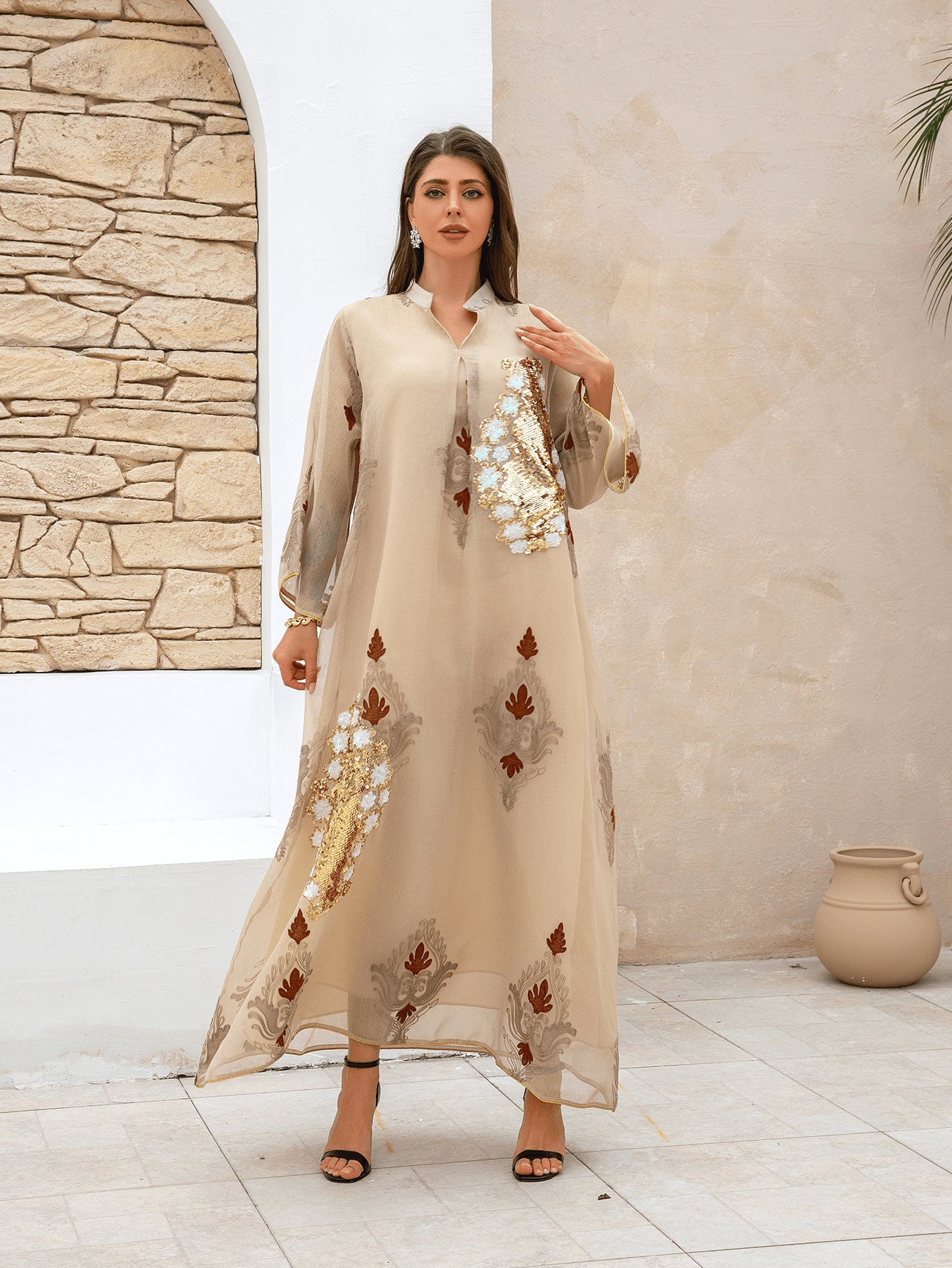 Elegant Sequin Embroidered Evening Gown - Long Sleeve Applique Maxi Dress Secondary image