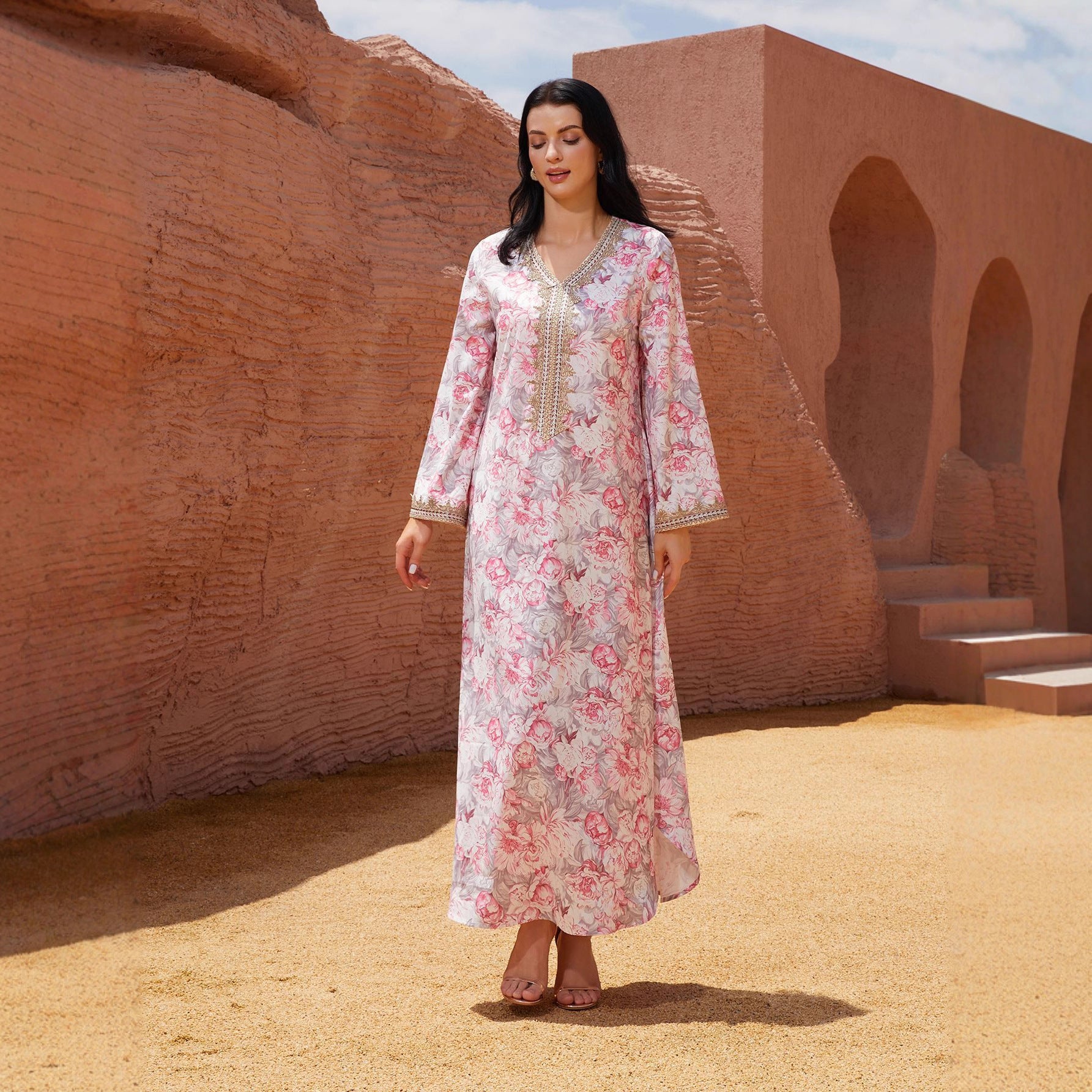 Elegant Floral Print Abaya Maxi Dress – Premium Long Sleeve Kaftan Gown Secondary image